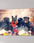 Personalized 3 pet canvas featuring dogs in Chicago Bears football jerseys against a stadium backdrop.