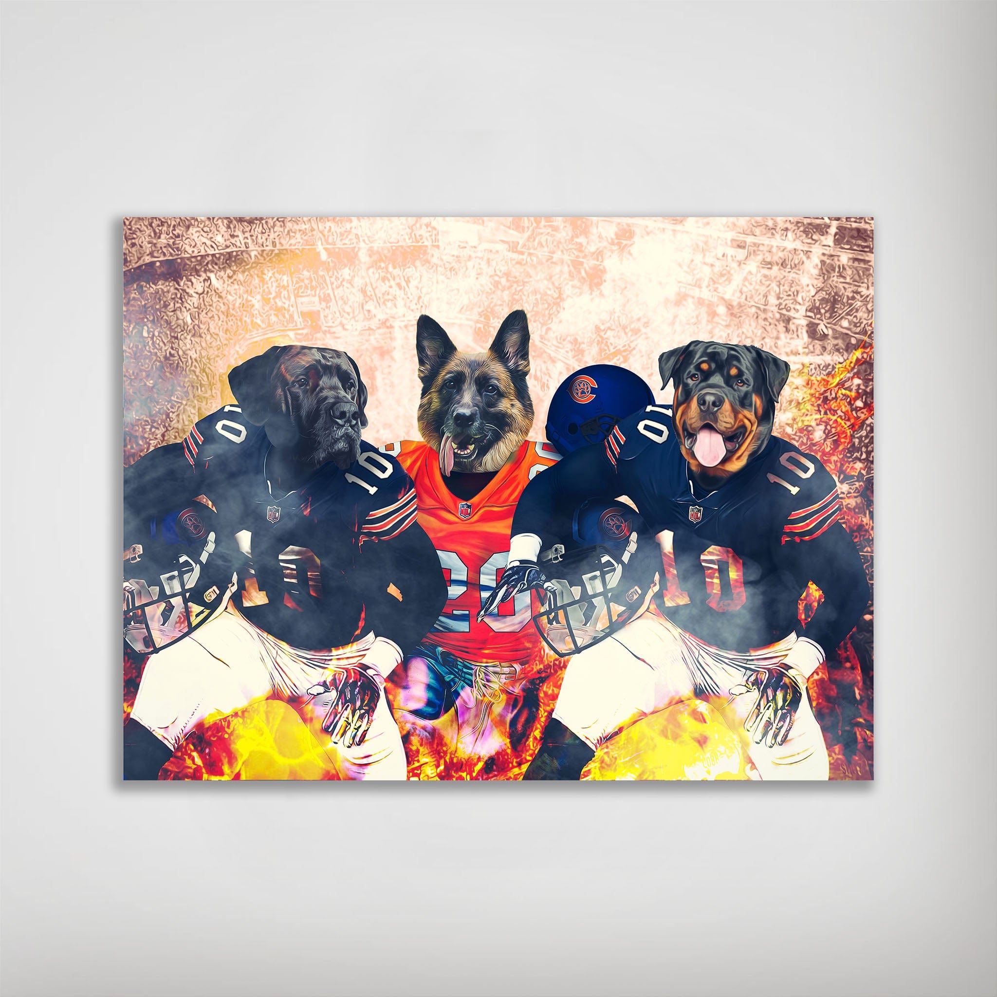 Personalized Chicago Doggos poster featuring three pets as football players in navy and orange jerseys.