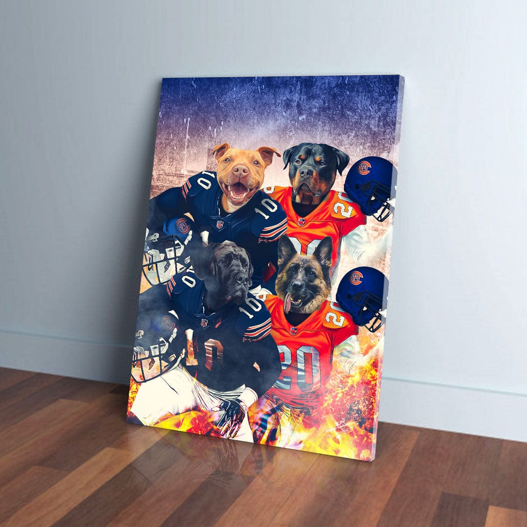 Personalized "Chicago Doggos" 4-pet canvas featuring dogs in football jerseys and helmets.