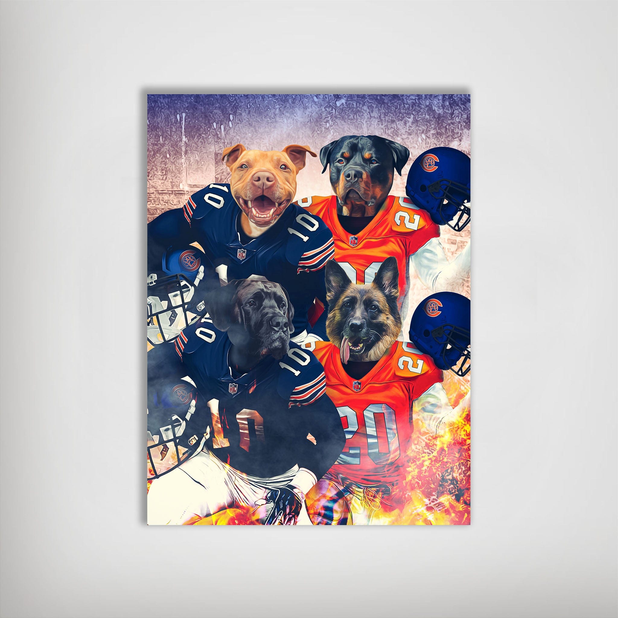 Personalized 'Chicago Doggos' 4-pet poster featuring dogs in navy and orange football jerseys with helmets.