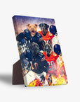 Personalized 'Chicago Doggos' standing canvas featuring four pets in football uniforms, with a fiery background.