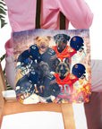 Personalized 4-pet tote bag with dogs in Chicago Bears football uniforms.