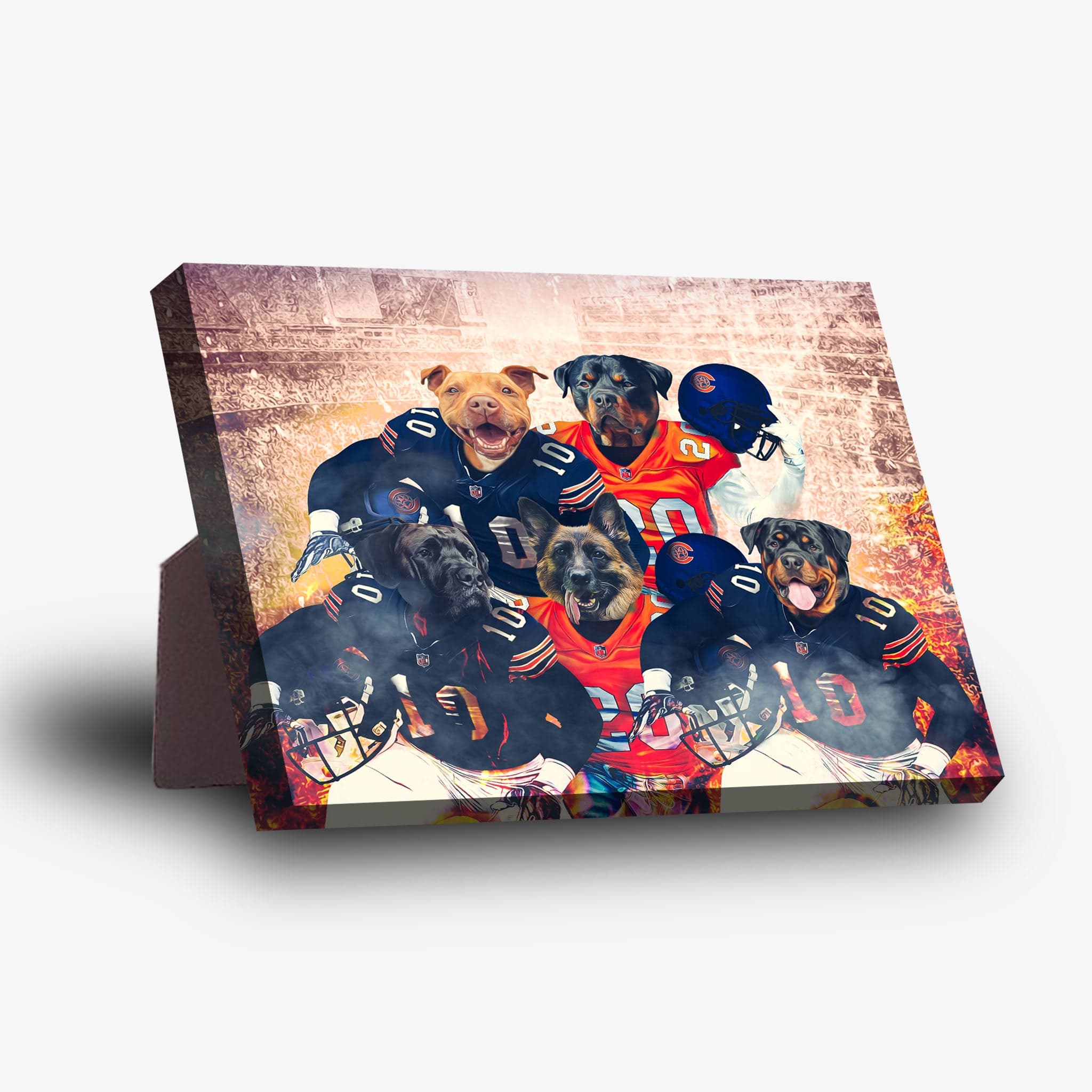 Personalized 5-pet standing canvas featuring dogs in Chicago Doggos football jerseys.