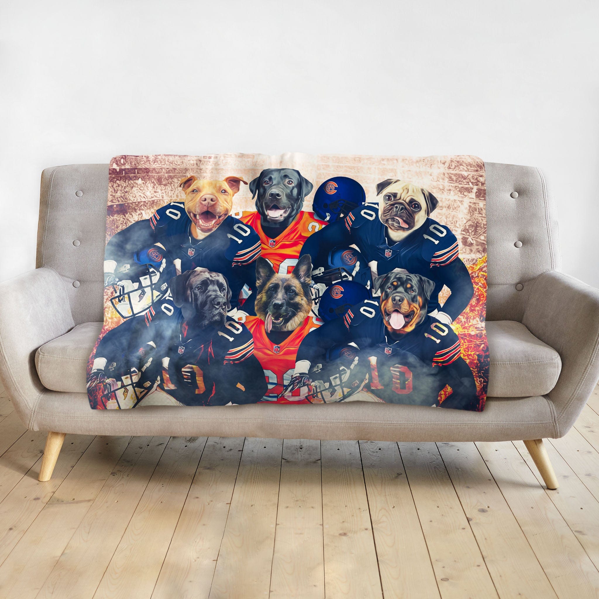 Personalized custom blanket with 6 dogs in Chicago Bears football uniforms.