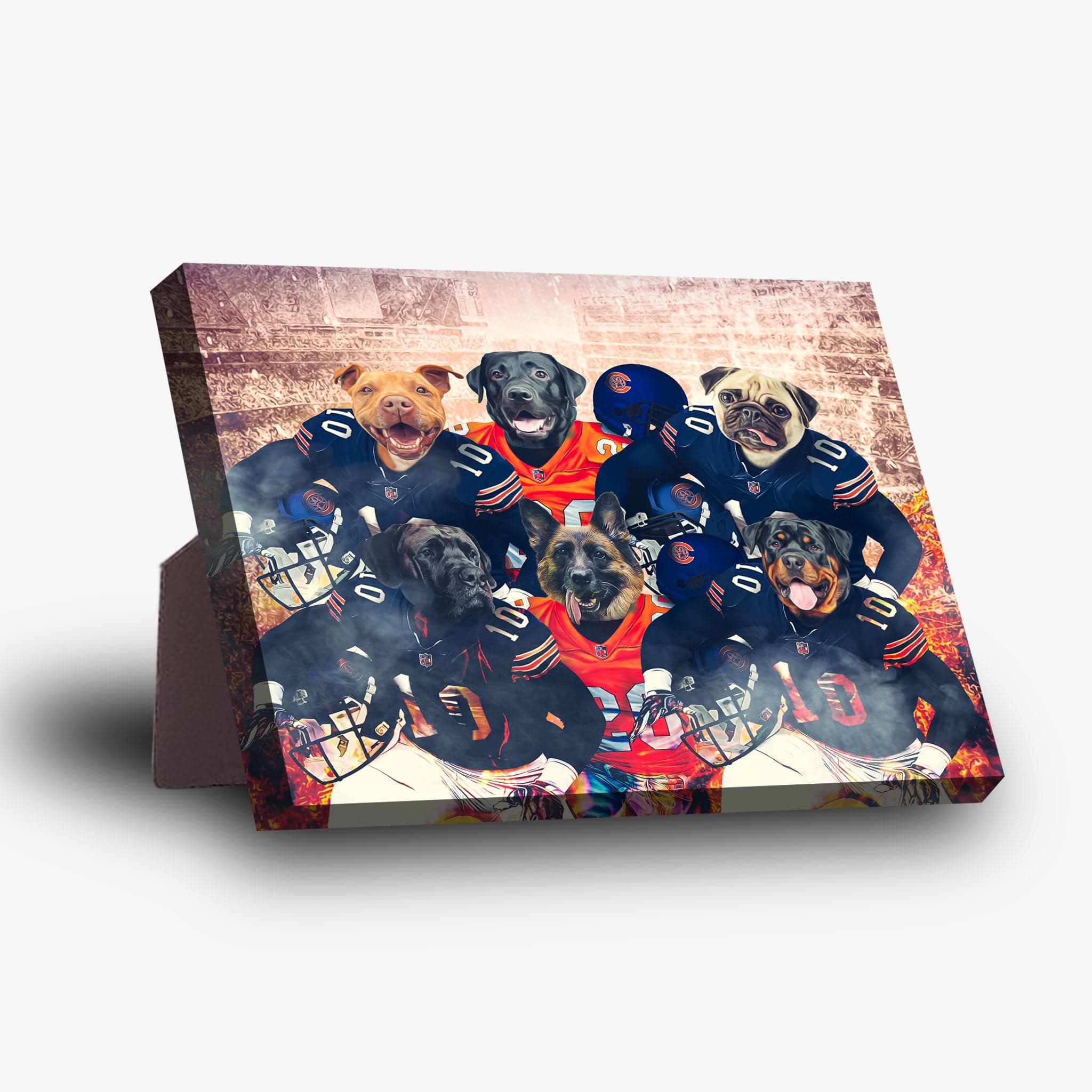 Personalized 'Chicago Doggos' standing canvas featuring six pets in football uniforms.