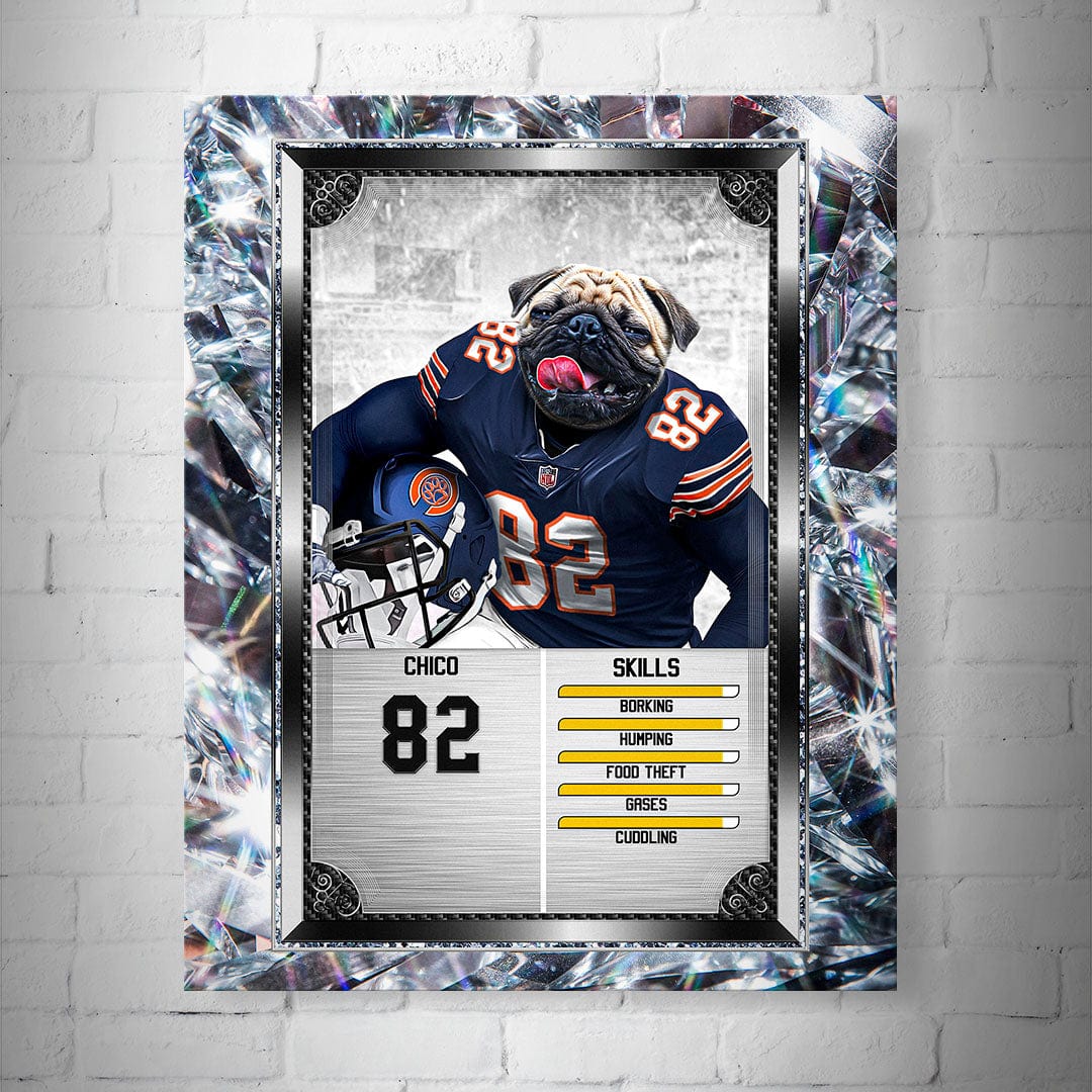 Personalized 8x10" matte poster featuring a pug in a navy football uniform, framed in a shiny, faceted silver design.