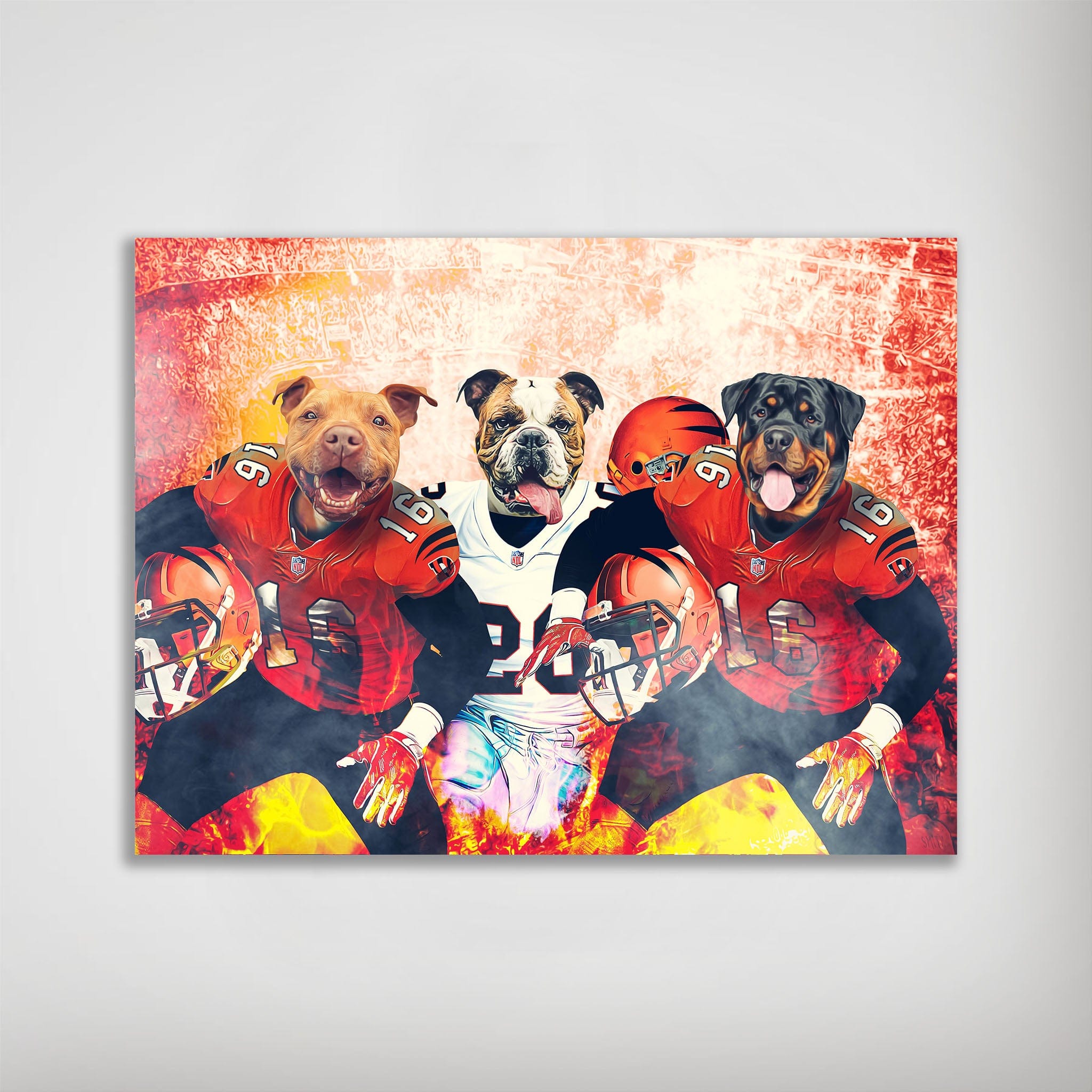 Personalized 3-pet poster featuring a pit bull, bulldog, and rottweiler in Cincinnati football uniforms.