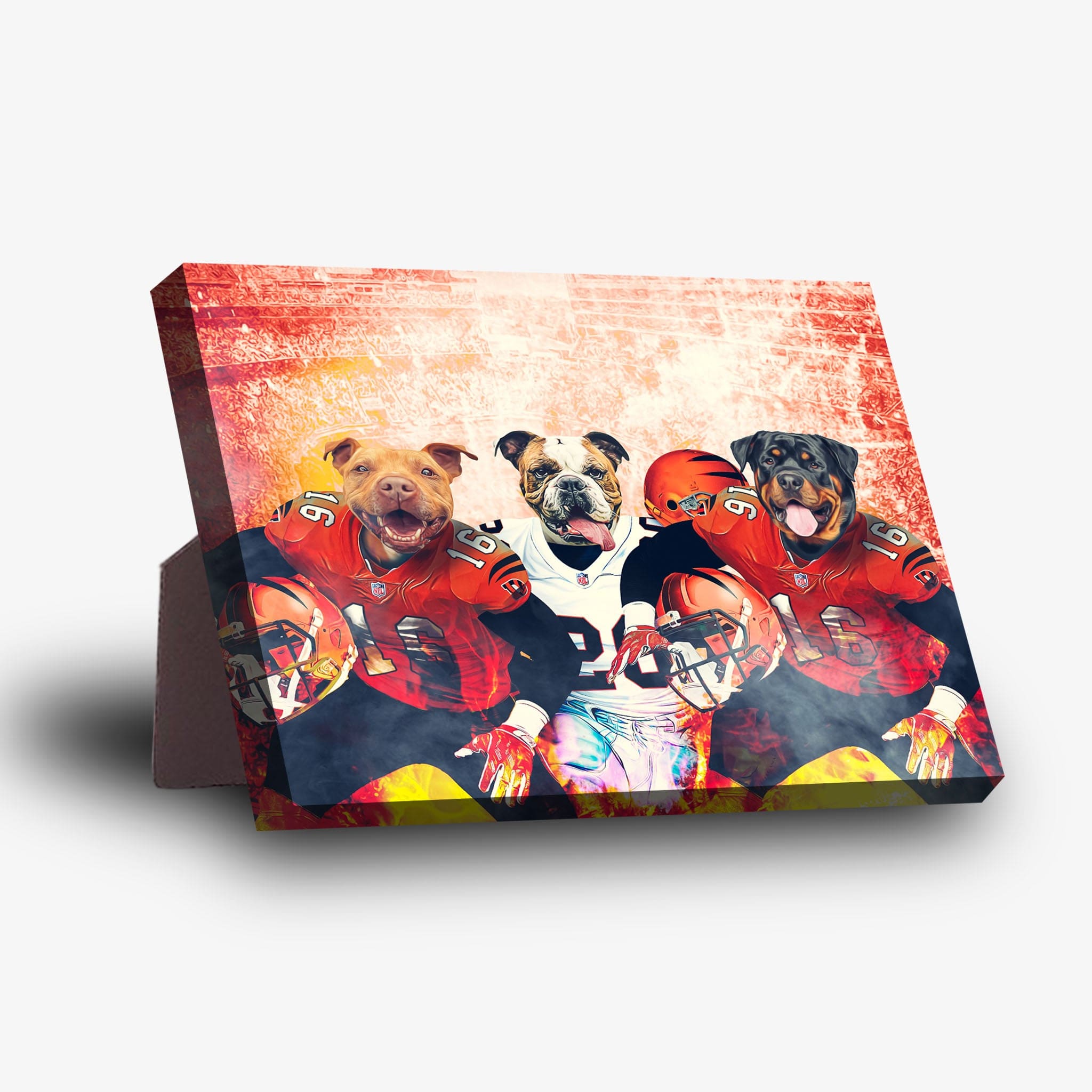 Personalized 3 pet standing canvas featuring dogs in Cincinnati Bengals football jerseys.