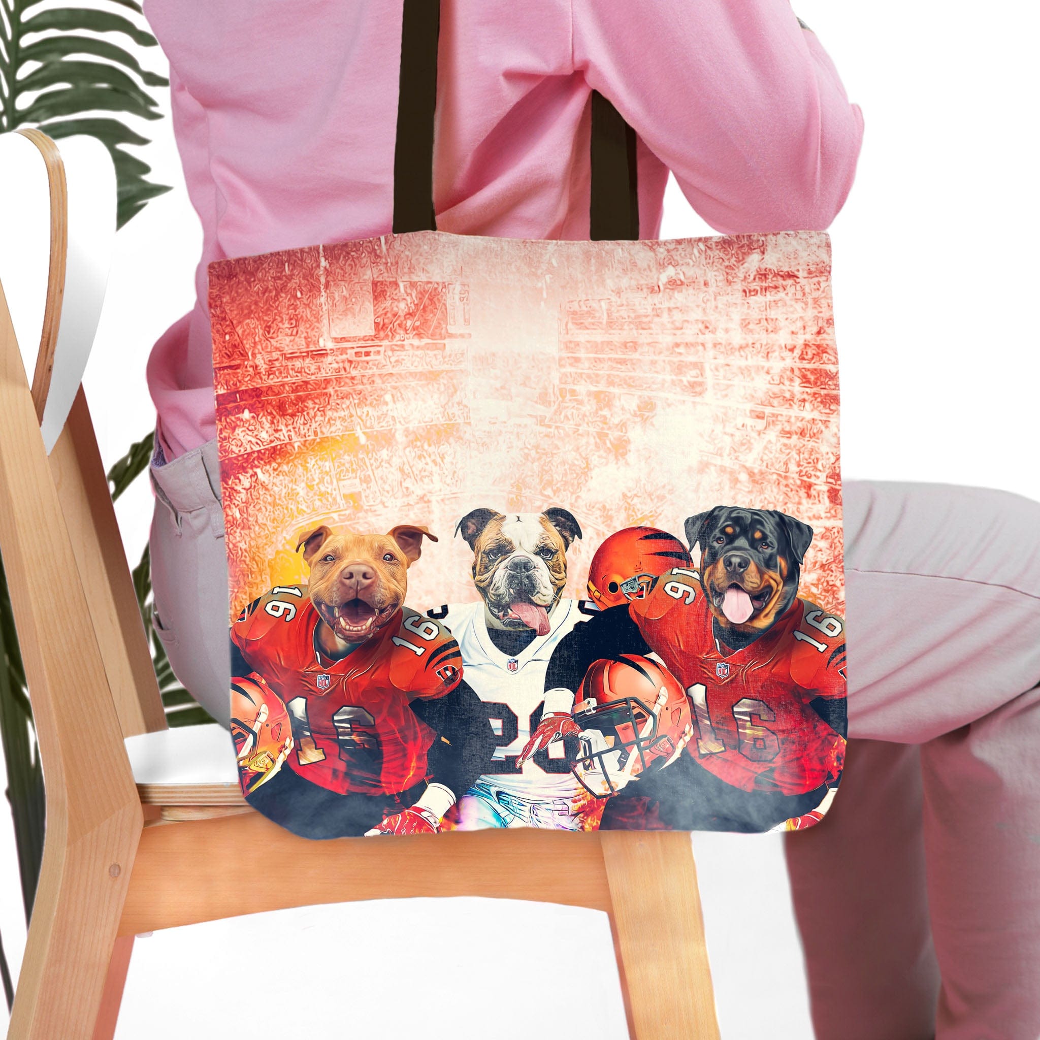 Personalized 3 pet tote bag with custom dog portraits in football uniforms.