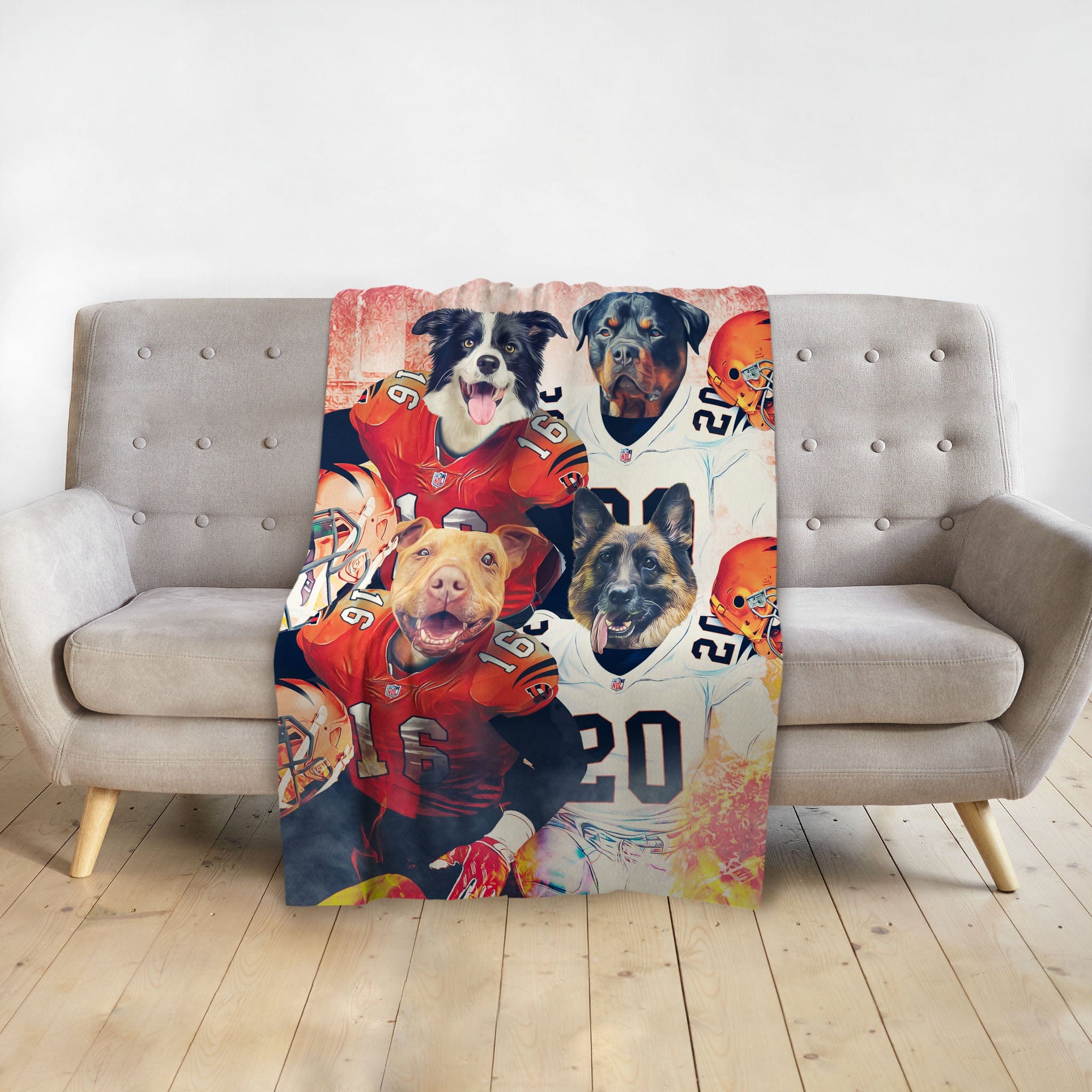 Personalized custom blanket with four dogs in football uniforms, red and white jerseys.