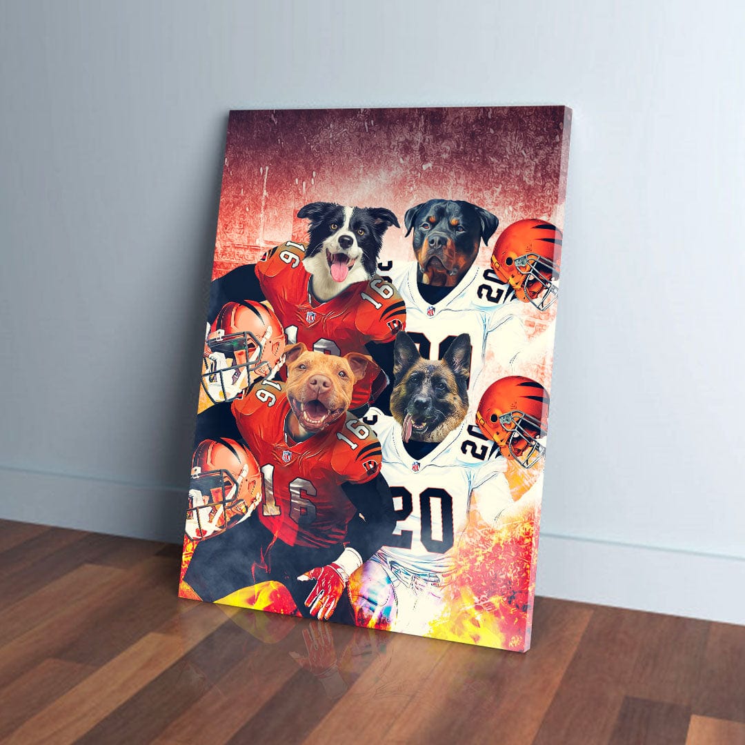 Custom 'Cincinnati Doggos' 4-pet canvas featuring dogs in football jerseys and helmets.