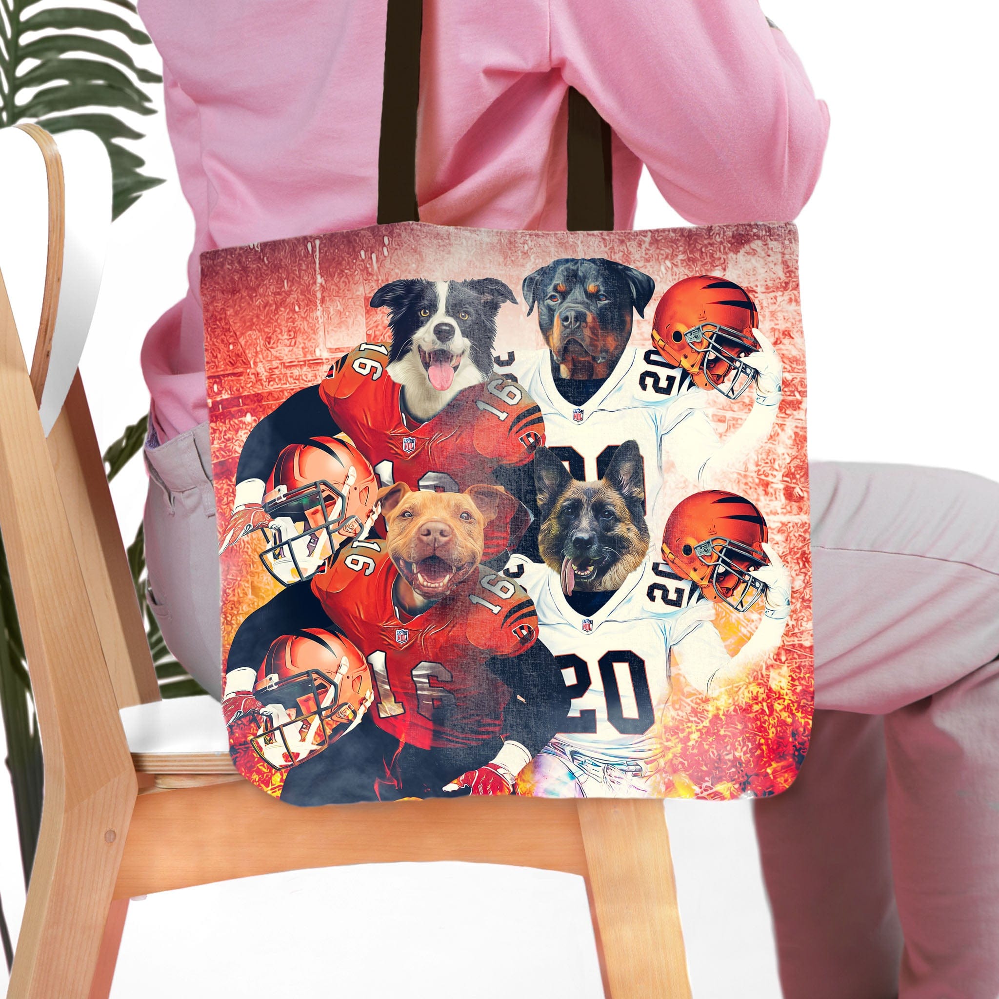 Personalized 4-pet tote bag featuring dogs in Cincinnati football uniforms on a distressed red background.