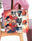 Personalized 4-pet tote bag featuring dogs in Cincinnati football uniforms on a distressed red background.
