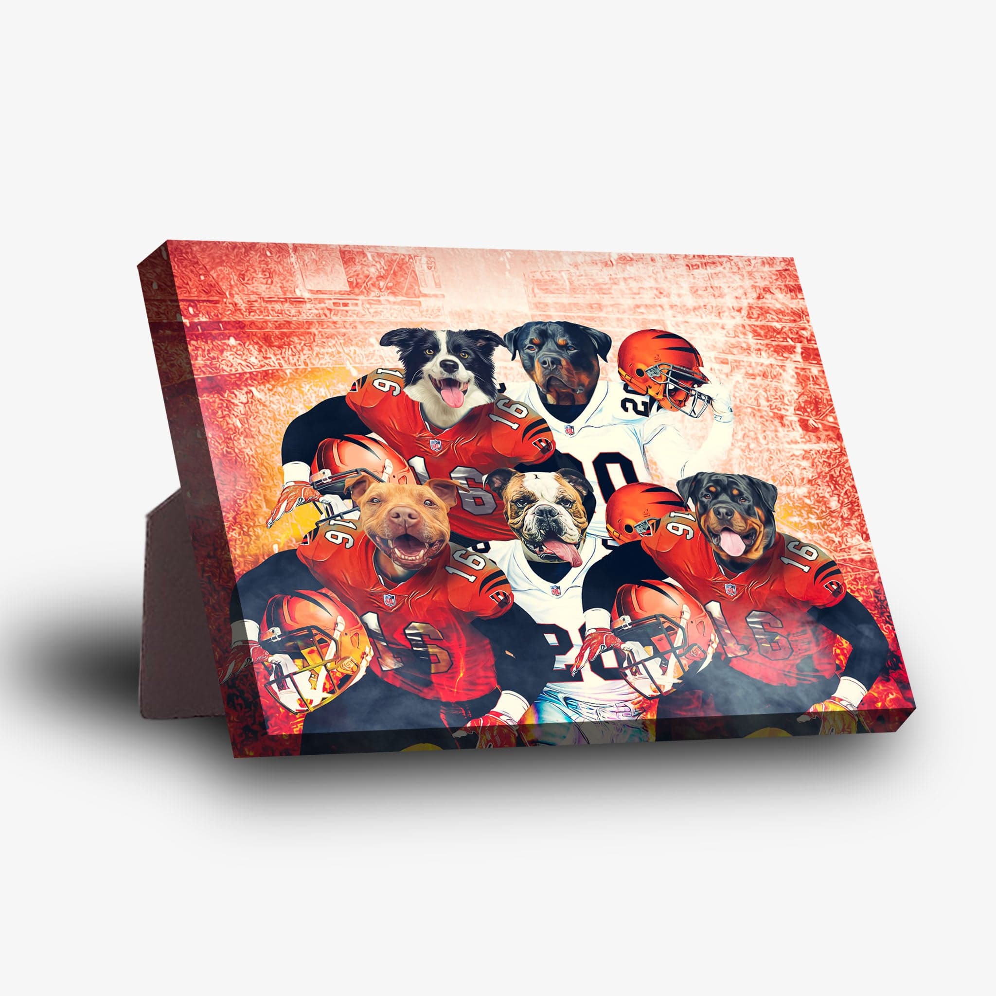 Personalized 5-pet standing canvas featuring dogs in red and white football jerseys and helmets.