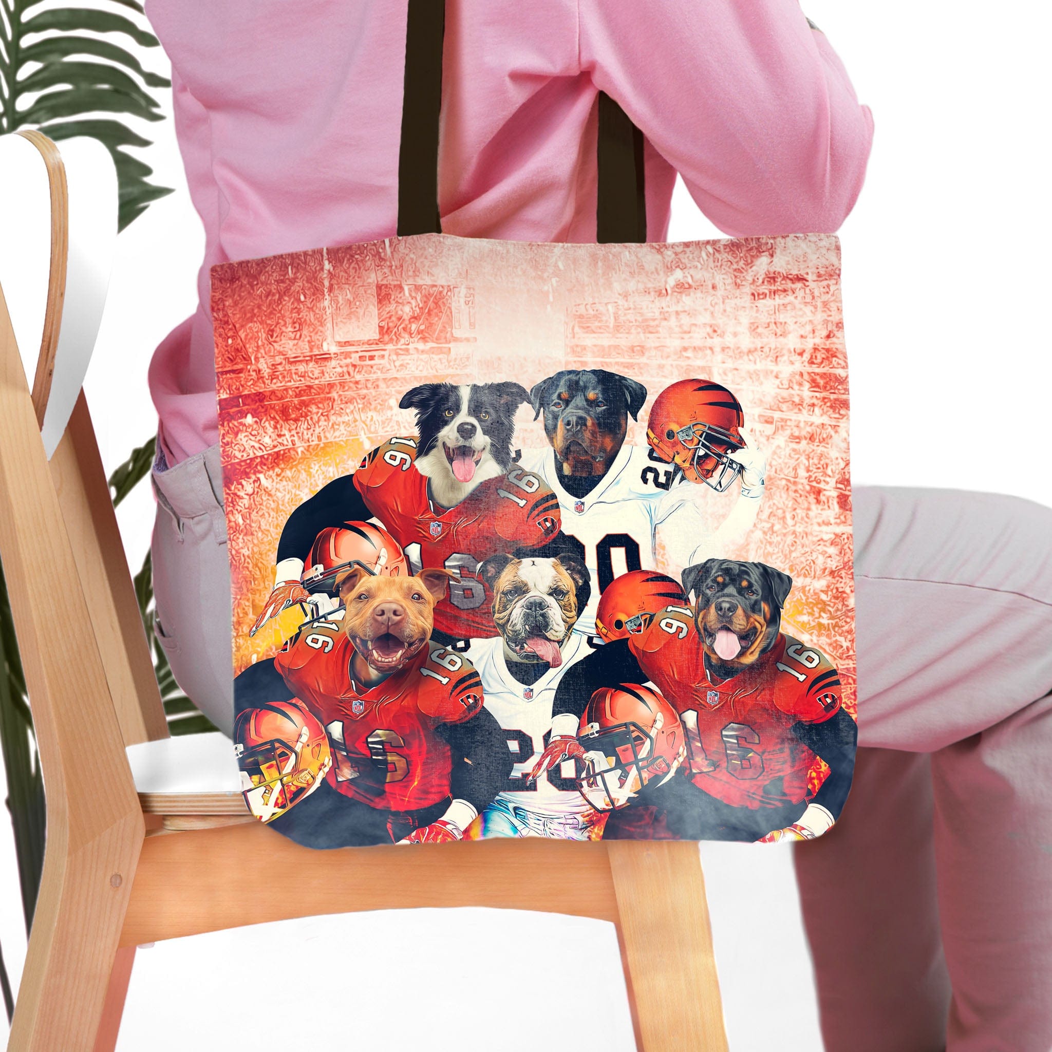Personalized 5-pet Cincinnati Doggos football team portrait tote bag.