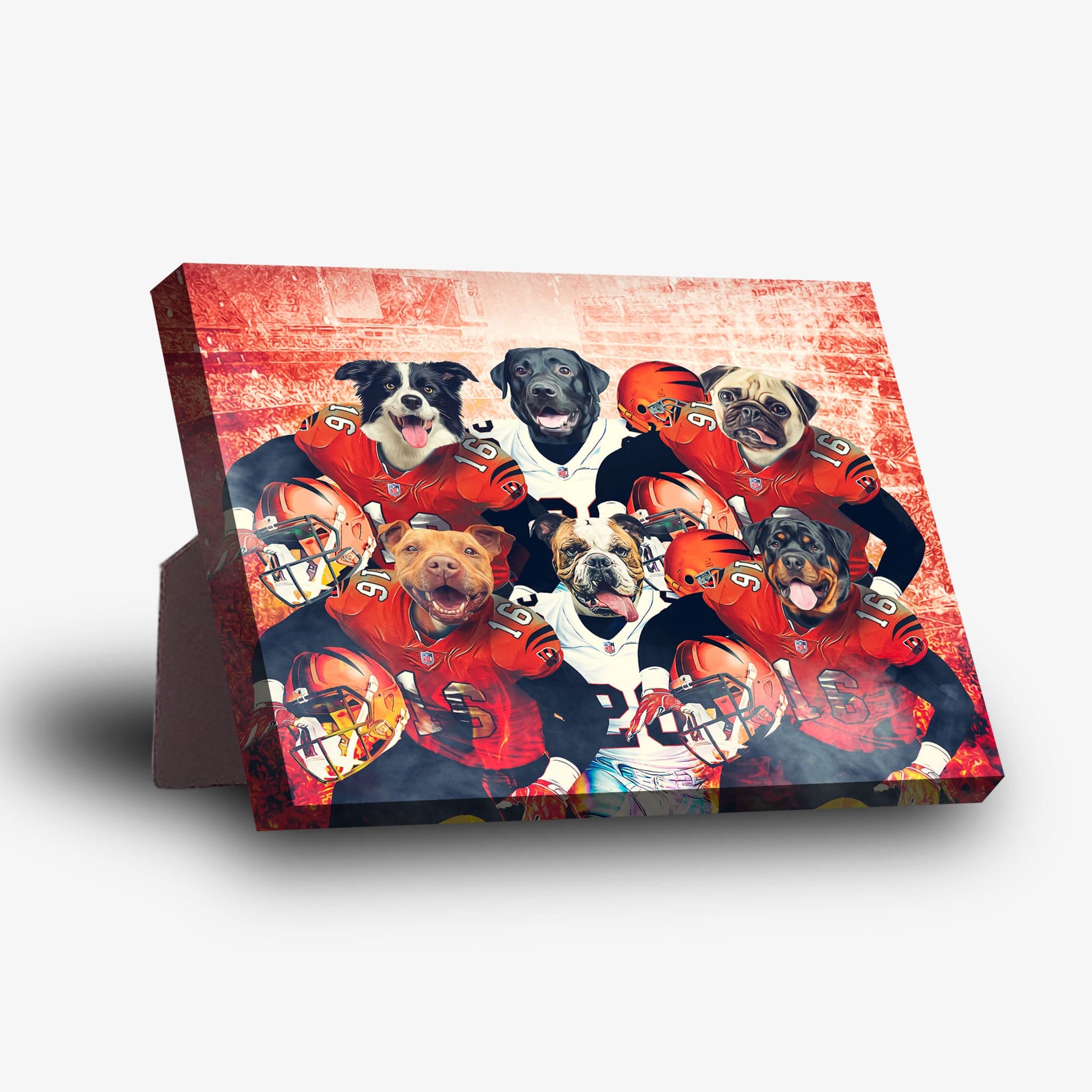 Personalized 6-pet standing canvas featuring dogs in red football jerseys and helmets.