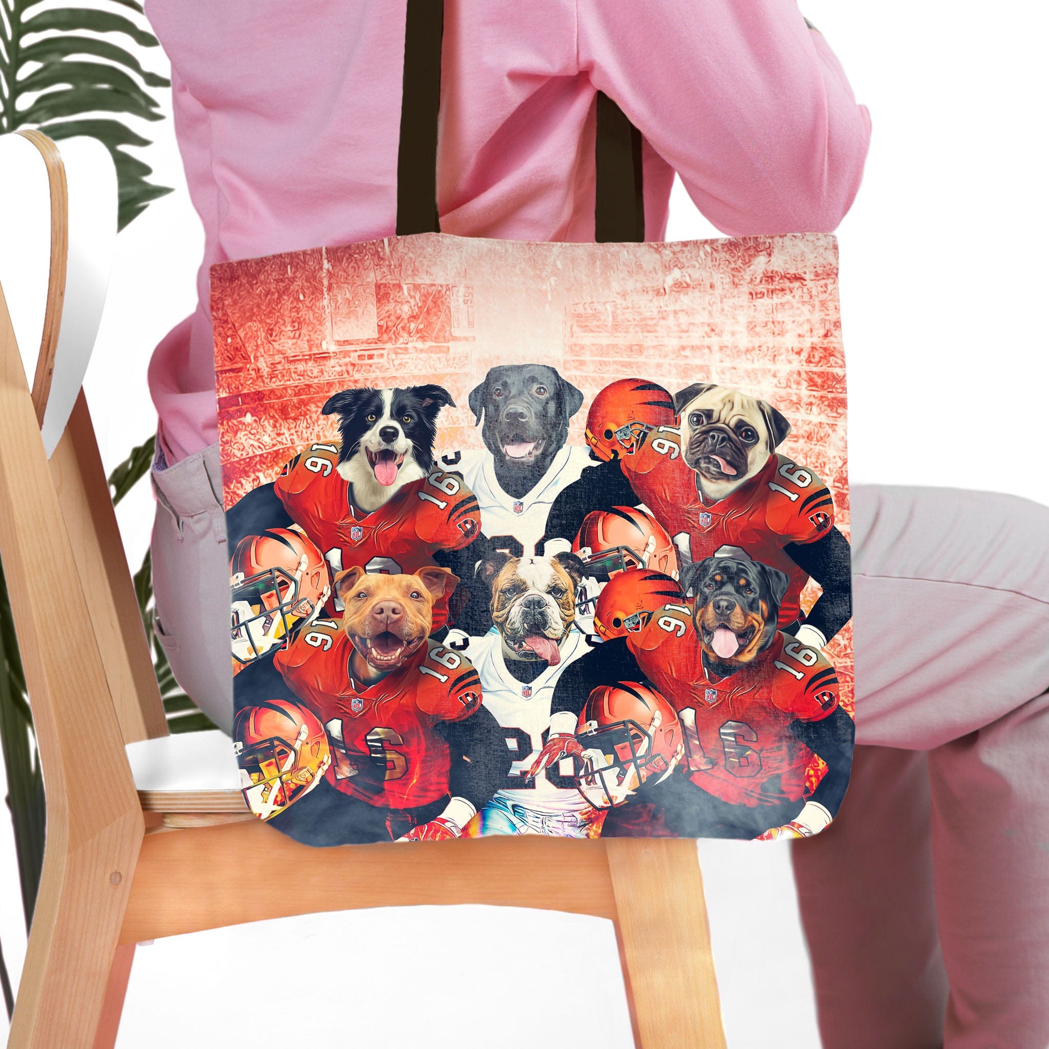 Personalized 6-pet tote bag with dogs in football uniforms, red and white design.