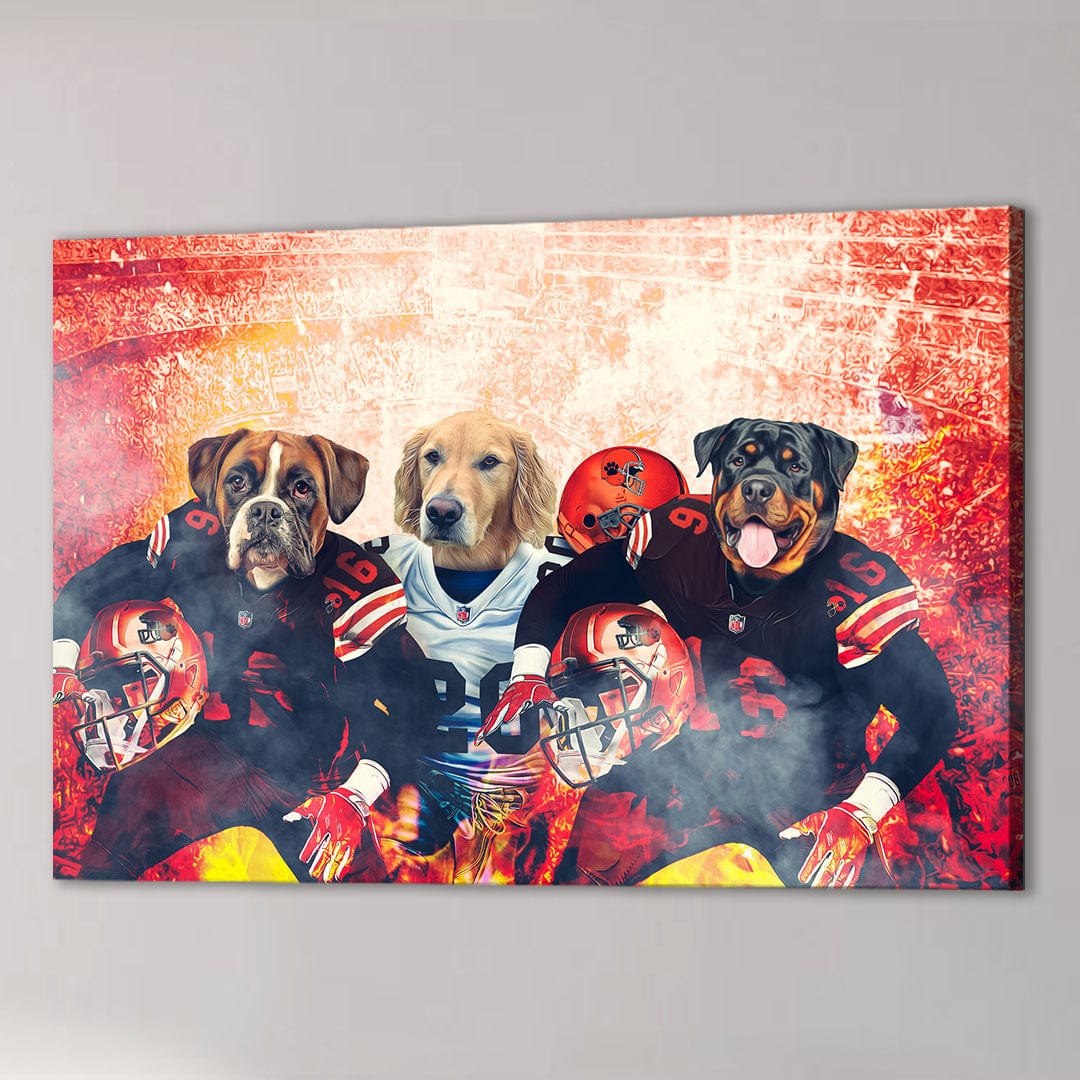 Personalized 'Cleveland Doggos' 3-pet canvas featuring a boxer, golden retriever, and rottweiler in football uniforms.