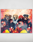 Personalized poster featuring three dogs in Cleveland Browns football uniforms with helmets and fiery effects.