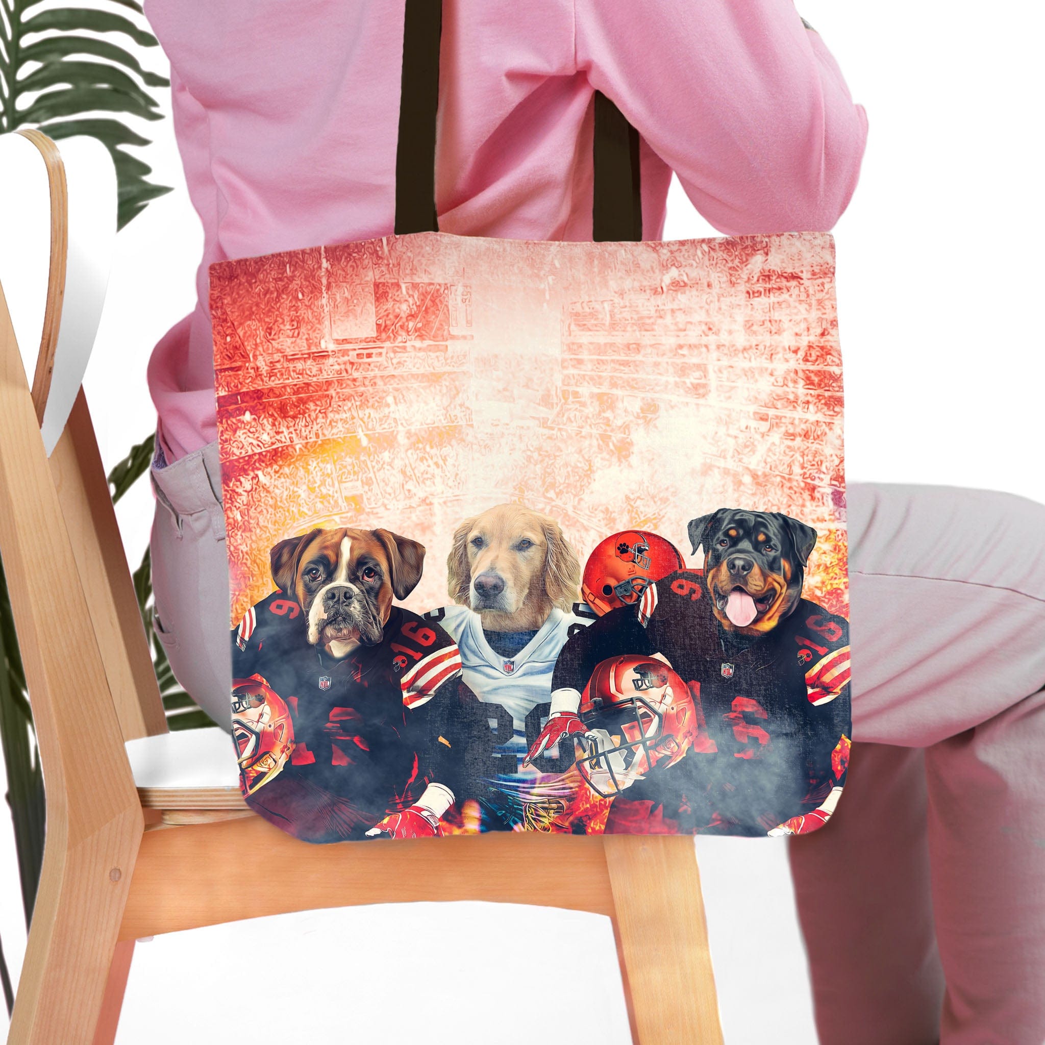 Personalized 3-pet tote bag featuring custom dog portraits in football uniforms.