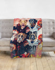 Personalized Doggovinci 4-pet blanket with dogs in football jerseys, on a grey couch.