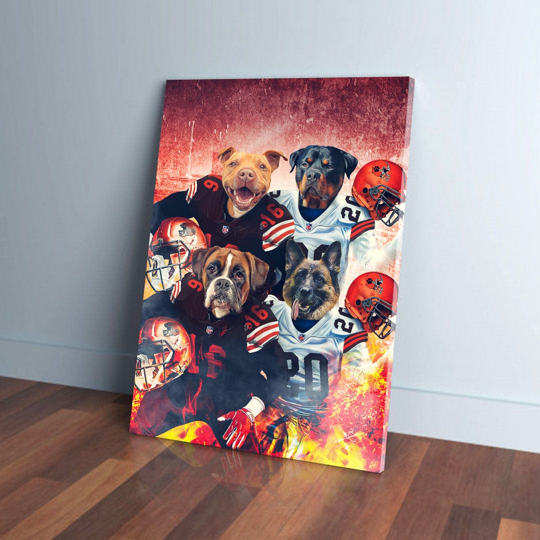 Personalized 'Cleveland Doggos' 4-pet canvas with dogs in football jerseys and helmets, fiery background.