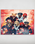 Personalized "Cleveland Doggos" poster featuring five pets as football players in brown and white jerseys.