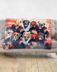 Personalized 6-pet blanket featuring dogs in football uniforms against a red brick background.