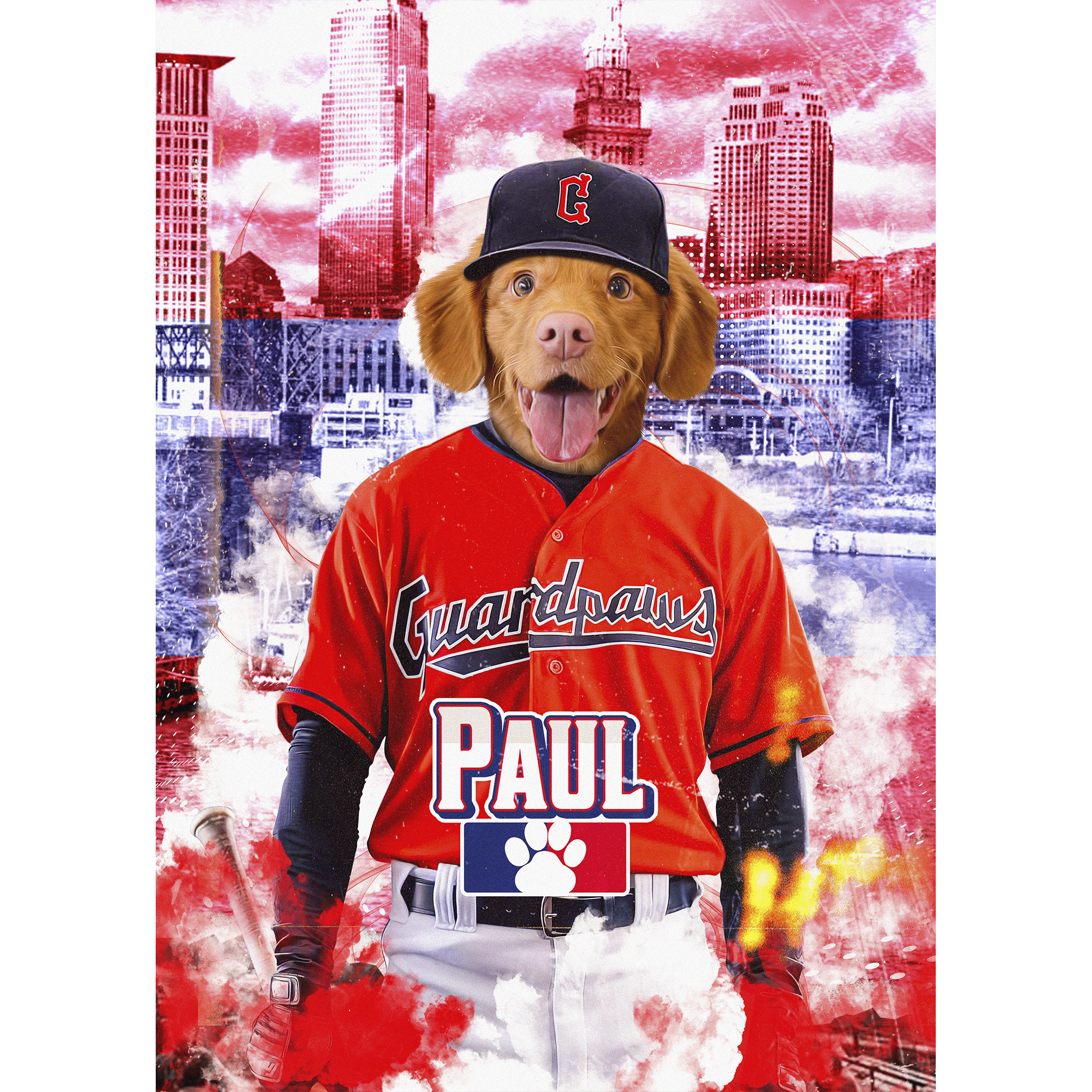 Personalized digital portrait of a dog in a red baseball uniform with "Guardpaws" and "Paul" on it, against a Cleveland skyline.