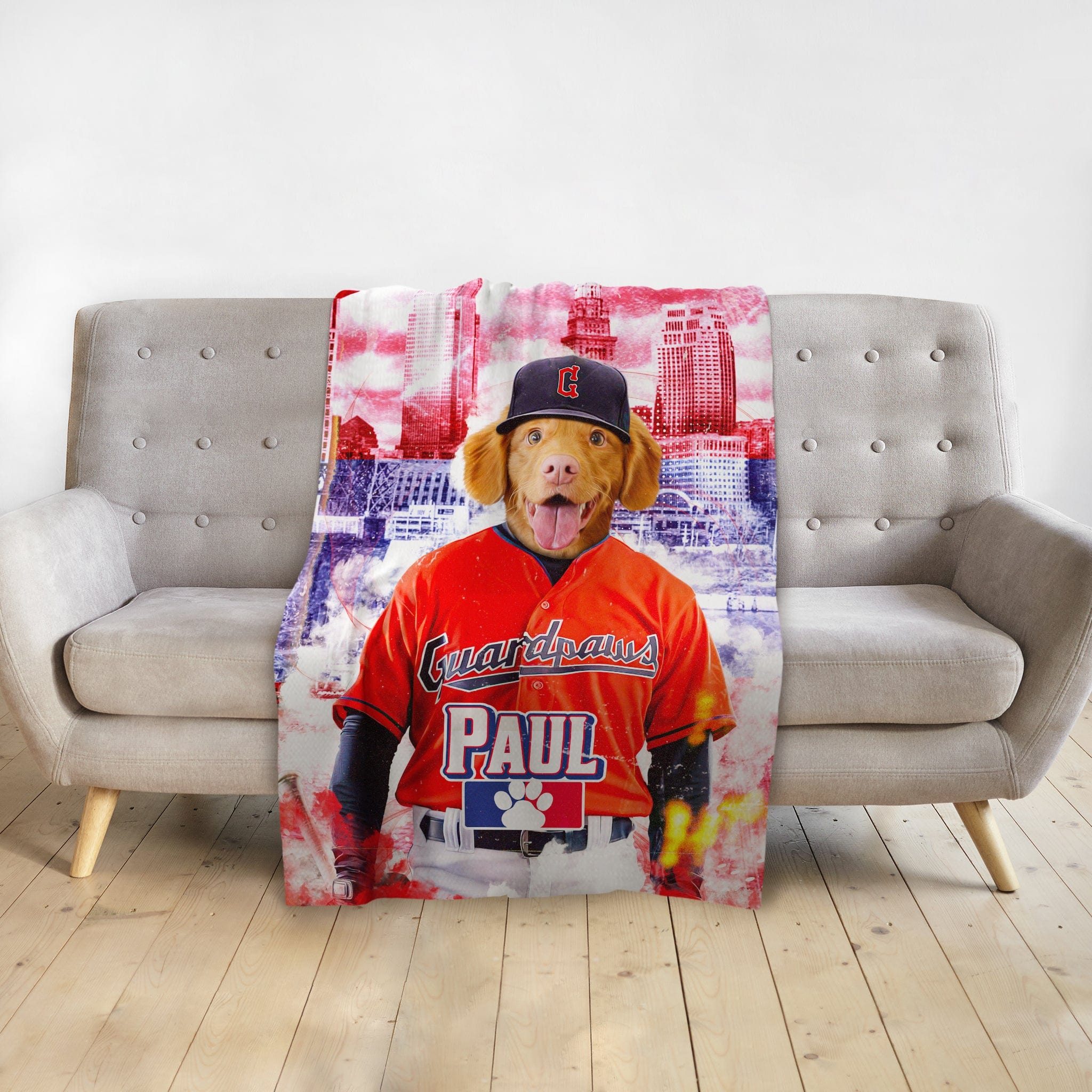 Personalized pet blanket with a Doggovinci portrait of a dog in a baseball uniform.