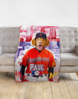 Personalized pet blanket with a Doggovinci portrait of a dog in a baseball uniform.