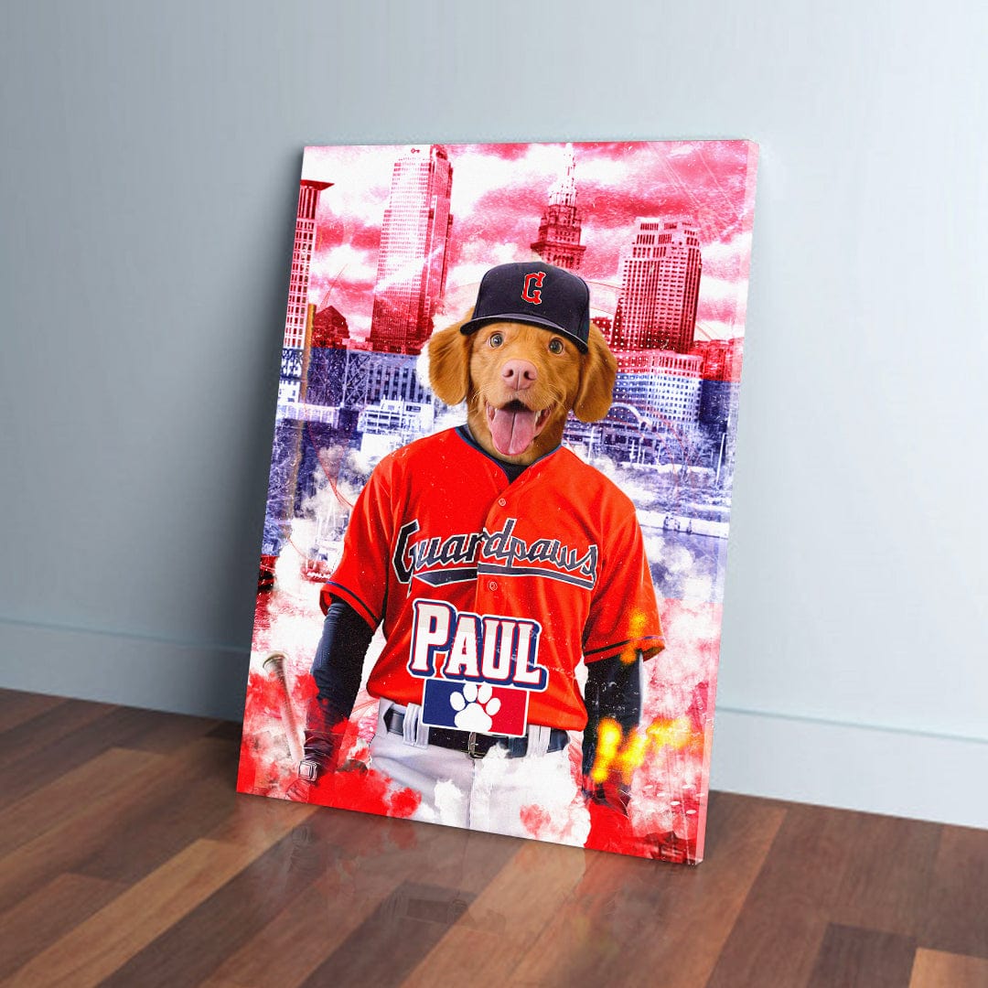 Personalized pet canvas featuring a dog in a red baseball uniform with "Guardpaws" and "PAUL" text, against a red and blue city skyline.