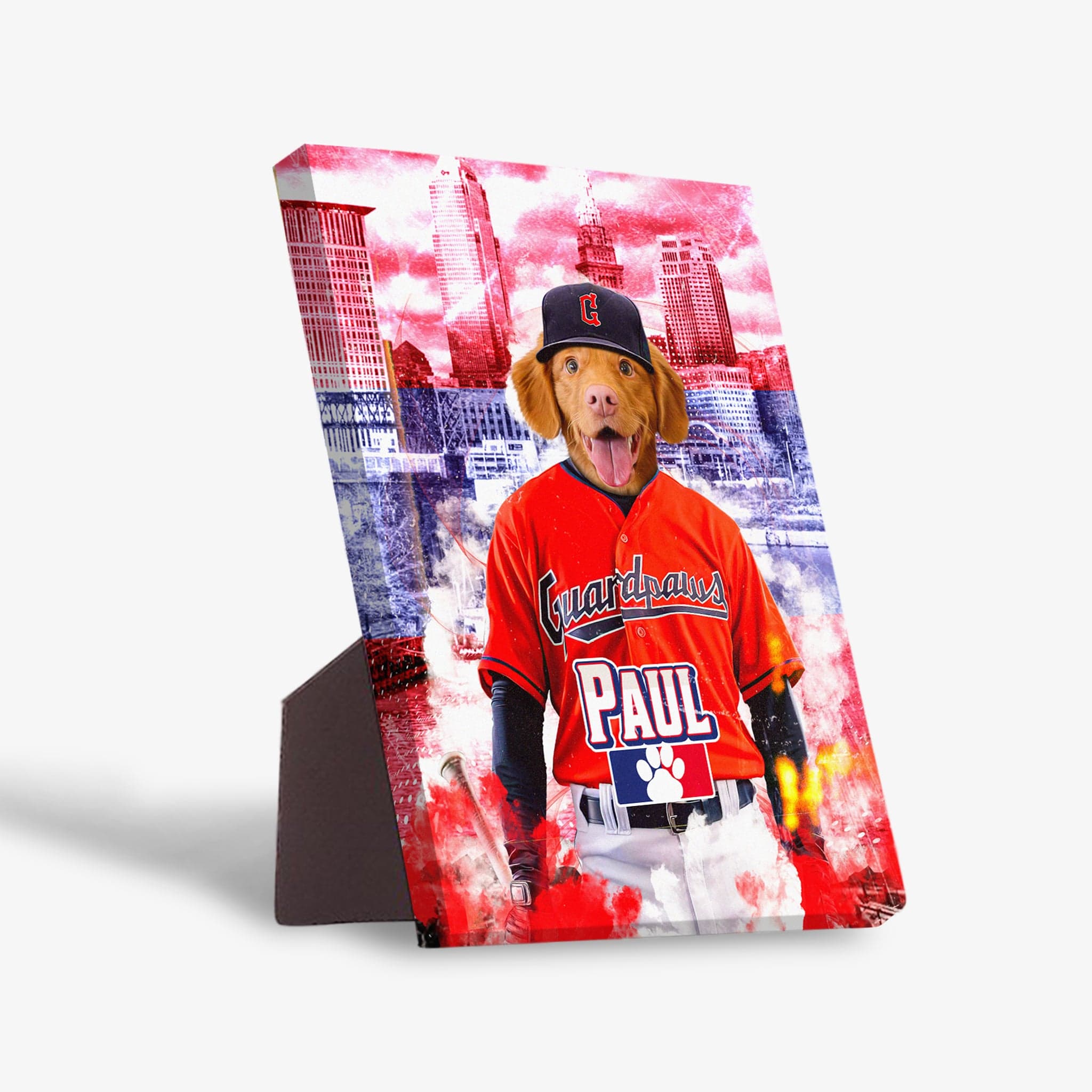 Personalized pet portrait standing canvas with a dog in a red baseball uniform, "Guardpaws" and "PAUL" text, against a city skyline.