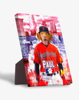 Personalized pet portrait standing canvas with a dog in a red baseball uniform, "Guardpaws" and "PAUL" text, against a city skyline.
