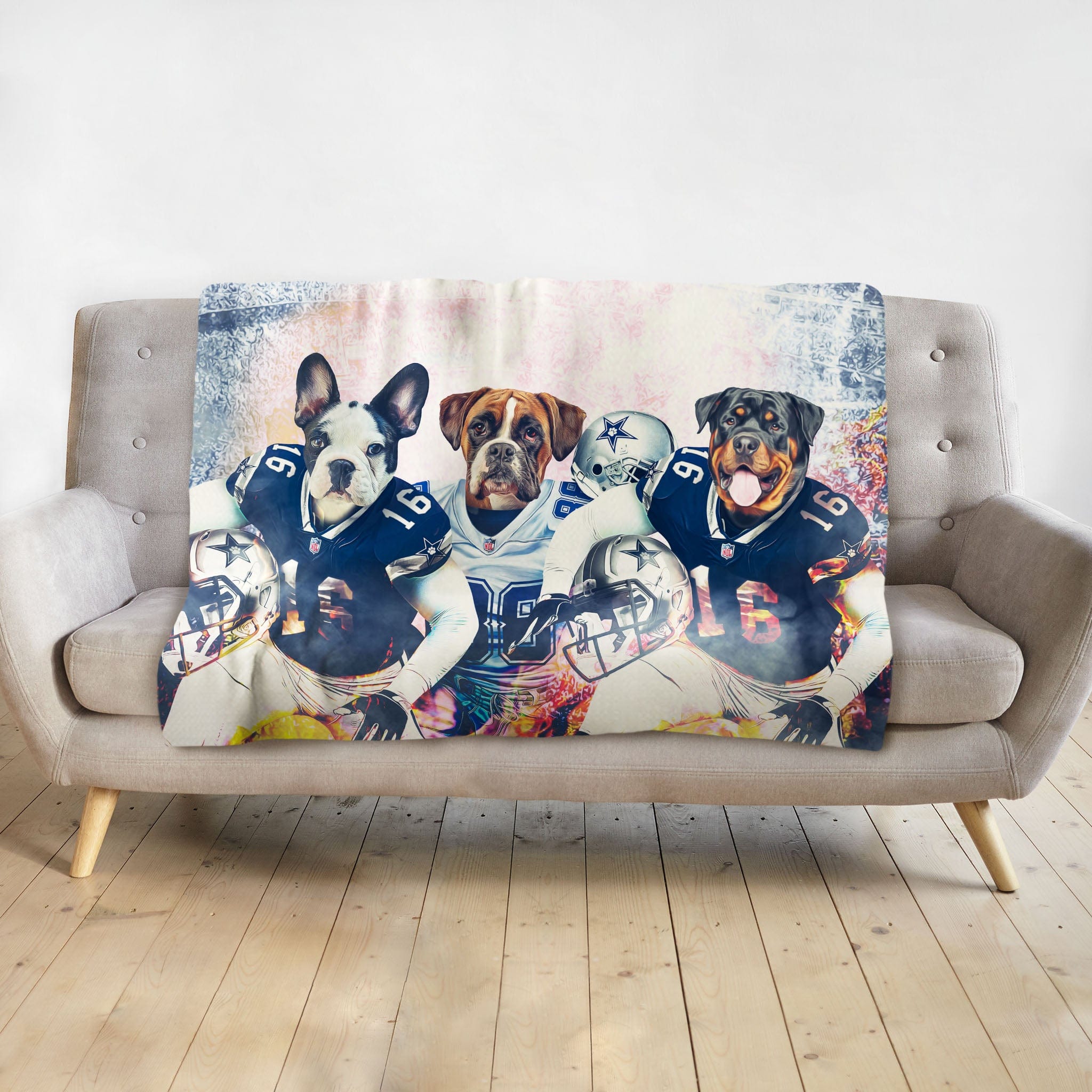 Personalized 3-pet blanket featuring dogs in Dallas Cowboys football uniforms.