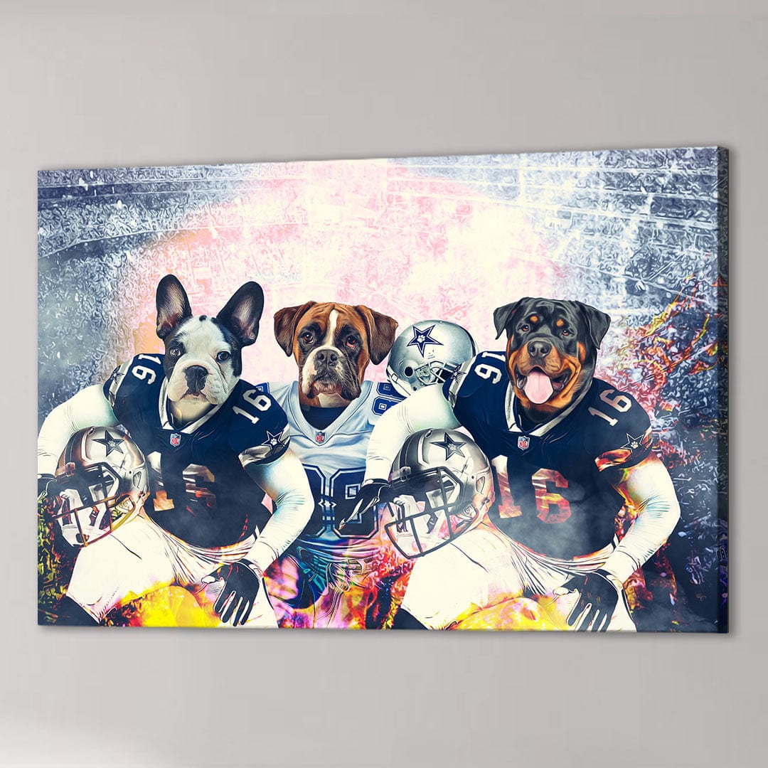 Personalized 3-pet canvas featuring a French Bulldog, Boxer, and Rottweiler in Dallas Doggos football uniforms.