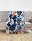 Personalized Dallas Doggos 4 pet blanket with dogs in football jerseys on a couch.
