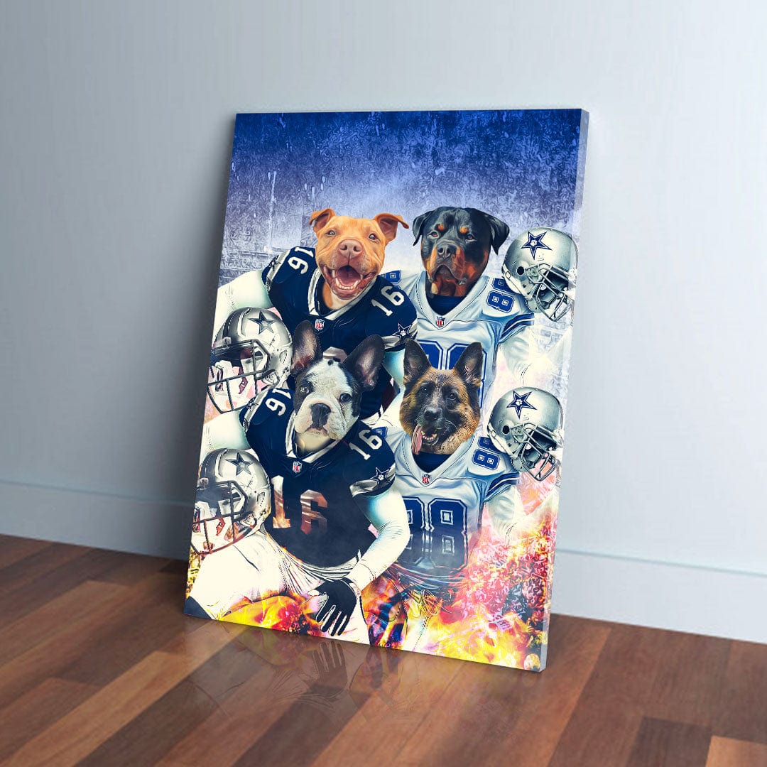 Personalized 'Dallas Doggos' 4-pet canvas featuring dogs in football jerseys and helmets.