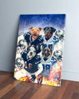 Personalized 'Dallas Doggos' 4-pet canvas featuring dogs in football jerseys and helmets.
