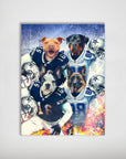 Personalized Dallas Doggos poster featuring four pets in Cowboys football uniforms and helmets.