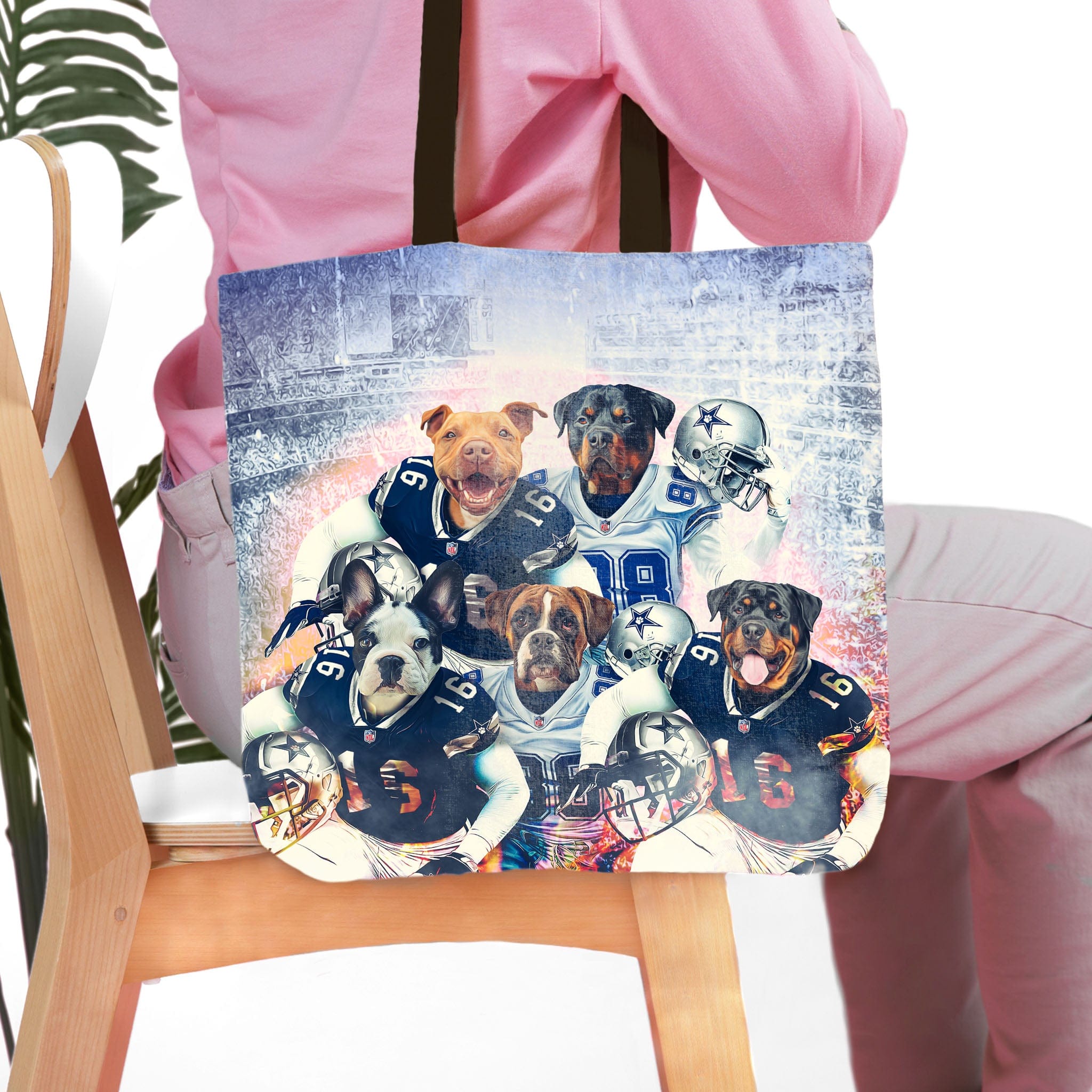 Personalized 5-pet Dallas Doggos tote bag with dogs in football uniforms.