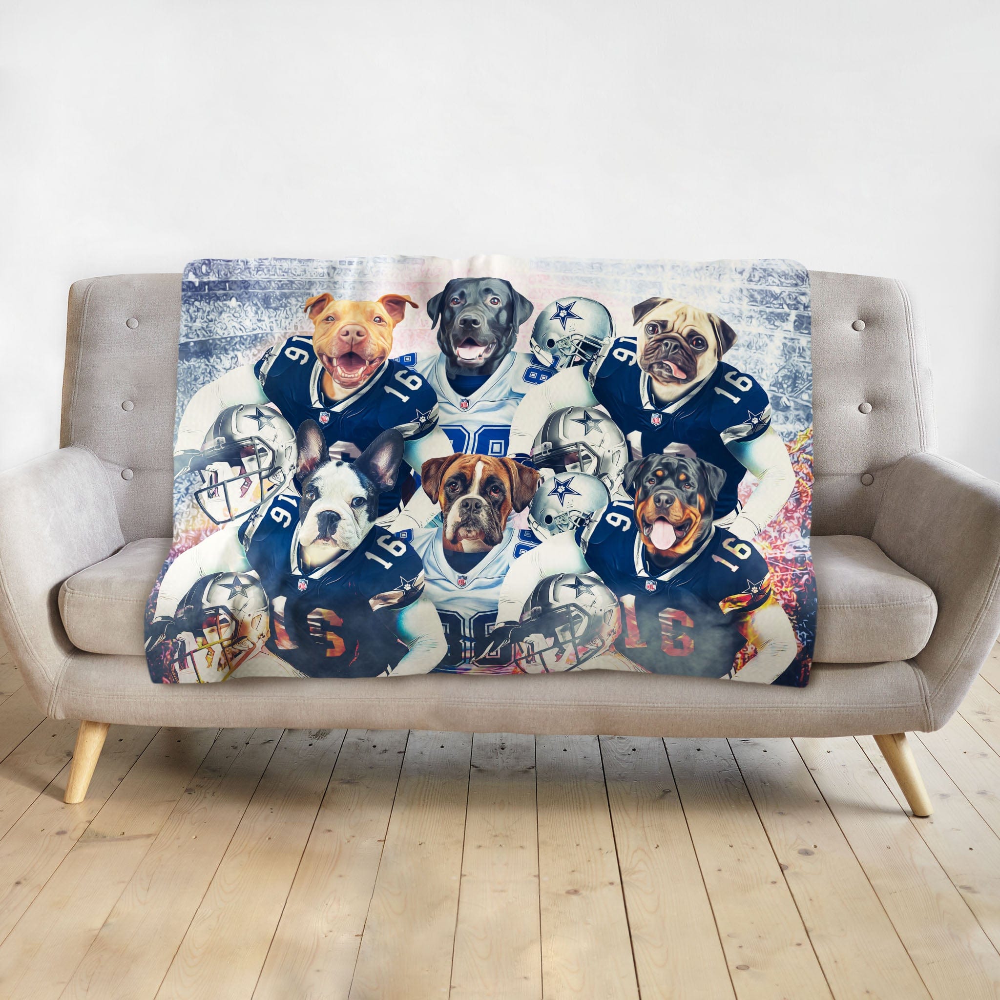 Personalized Dallas Doggos 6-pet blanket with dogs in football uniforms on a gray sofa.