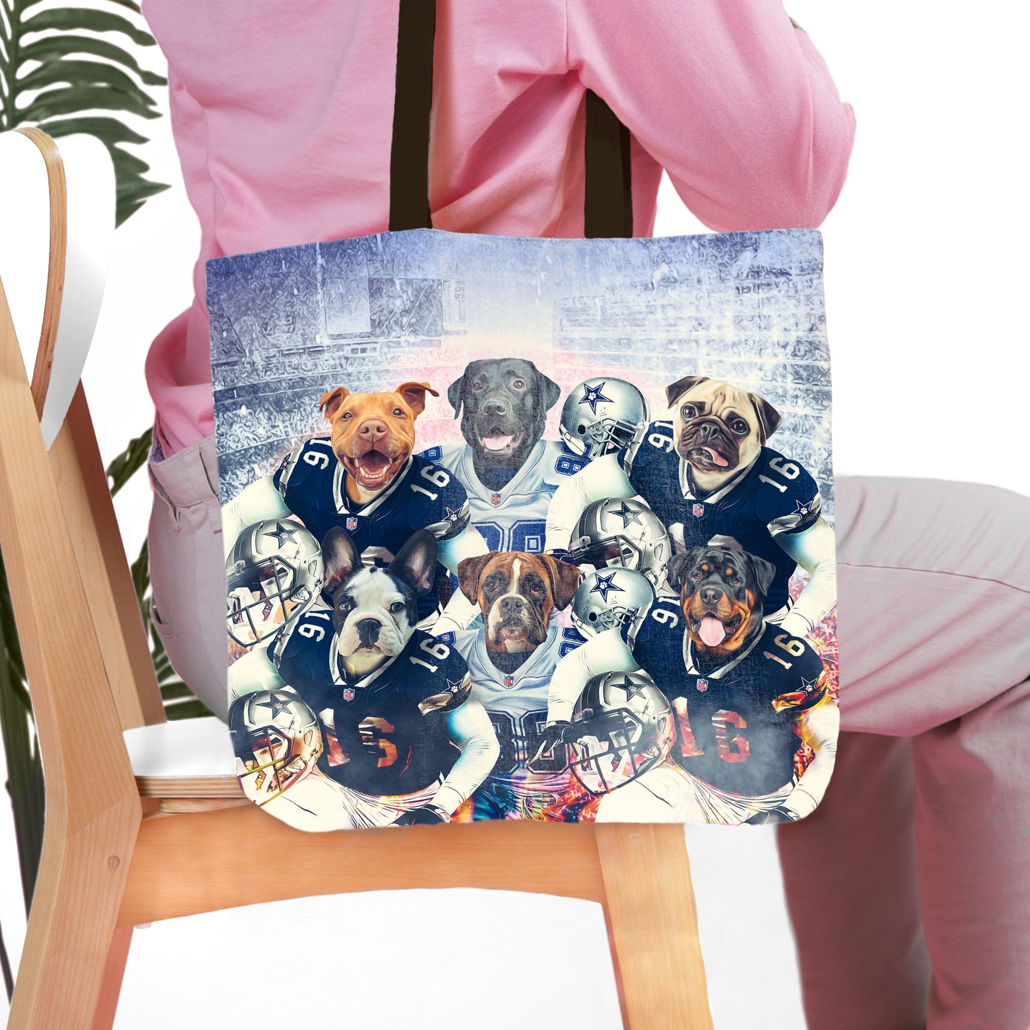 Personalized 6-pet Dallas Doggos tote bag with dogs in football uniforms.