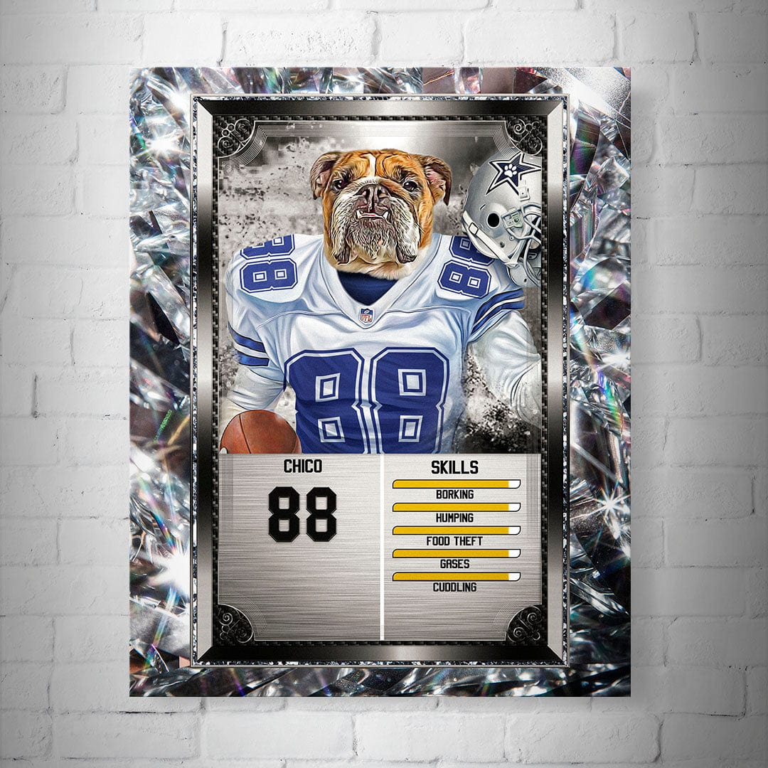 Personalized 8x10" matte poster featuring a bulldog in a white and blue football jersey, number 88, with custom skills.