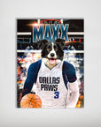 Personalized Dallas Mavericks Doggos poster featuring a Border Collie in a white and blue jersey holding a basketball.