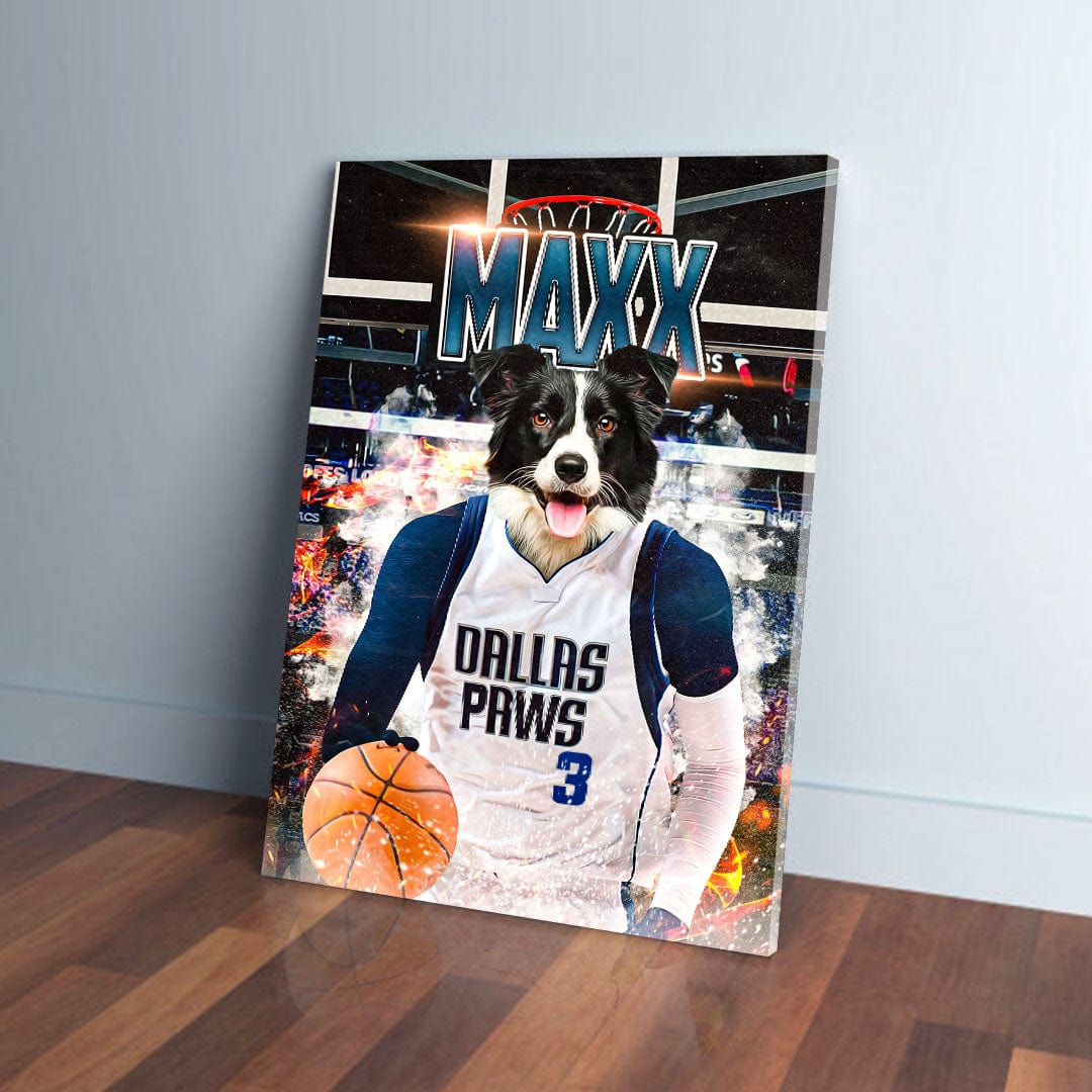 Personalized Dallas Mavericks Doggos pet canvas featuring a Border Collie in a white and blue jersey holding a basketball.