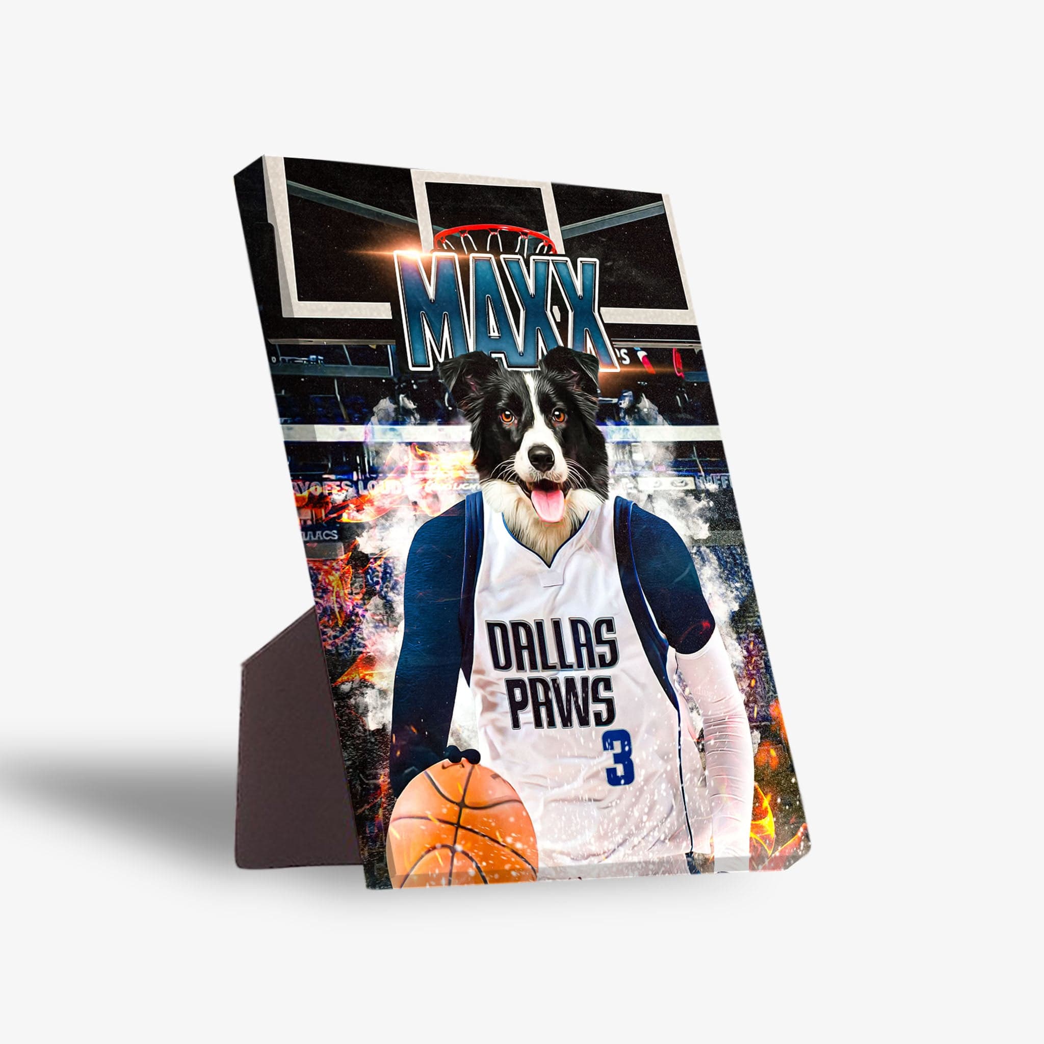 Personalized Dallas Mavericks Doggos standing canvas featuring a border collie in a white jersey holding a basketball.