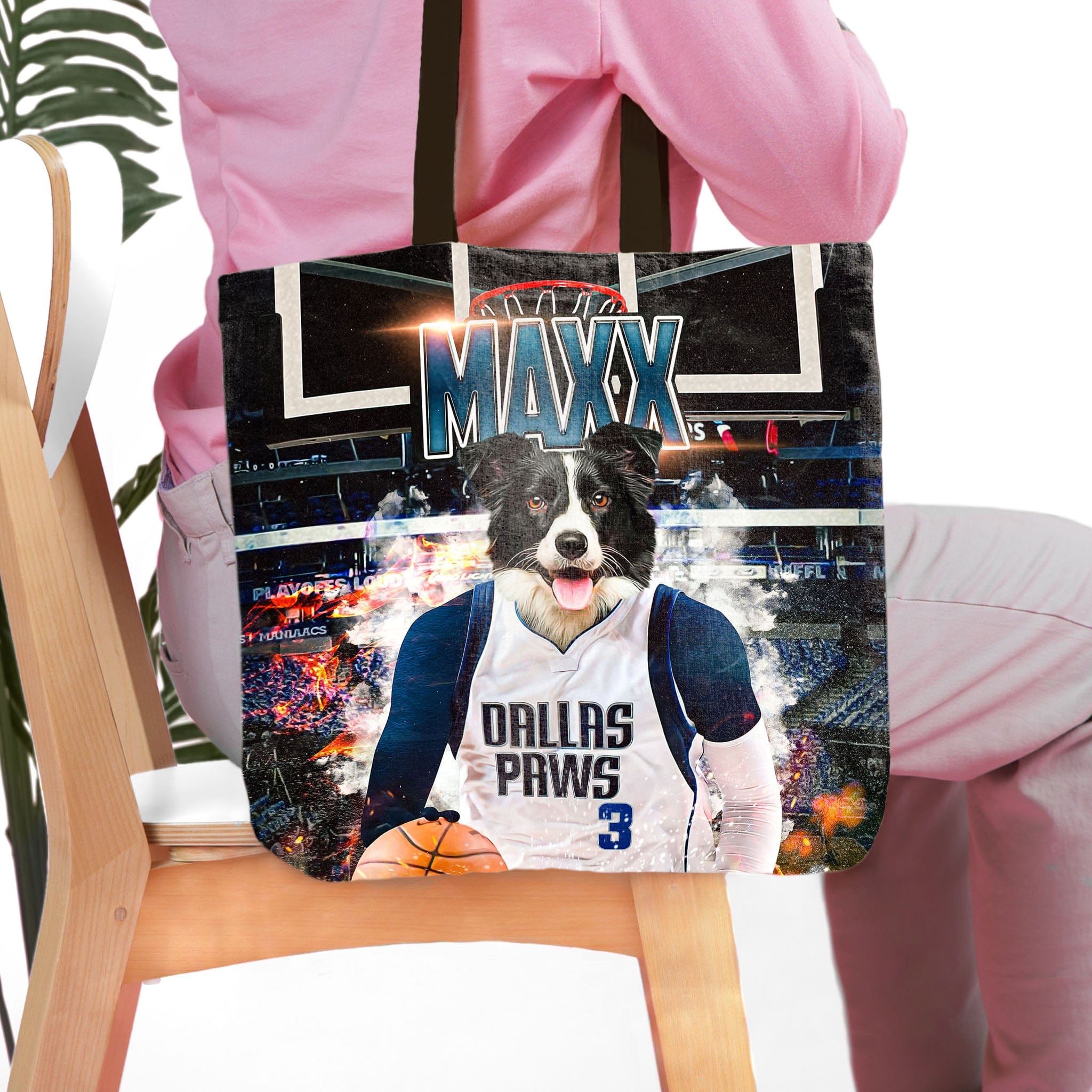 Personalized Dallas Mavericks Doggos tote bag with a custom pet portrait of a Border Collie in a basketball jersey.