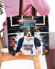 Personalized Dallas Mavericks Doggos tote bag with a custom pet portrait of a Border Collie in a basketball jersey.
