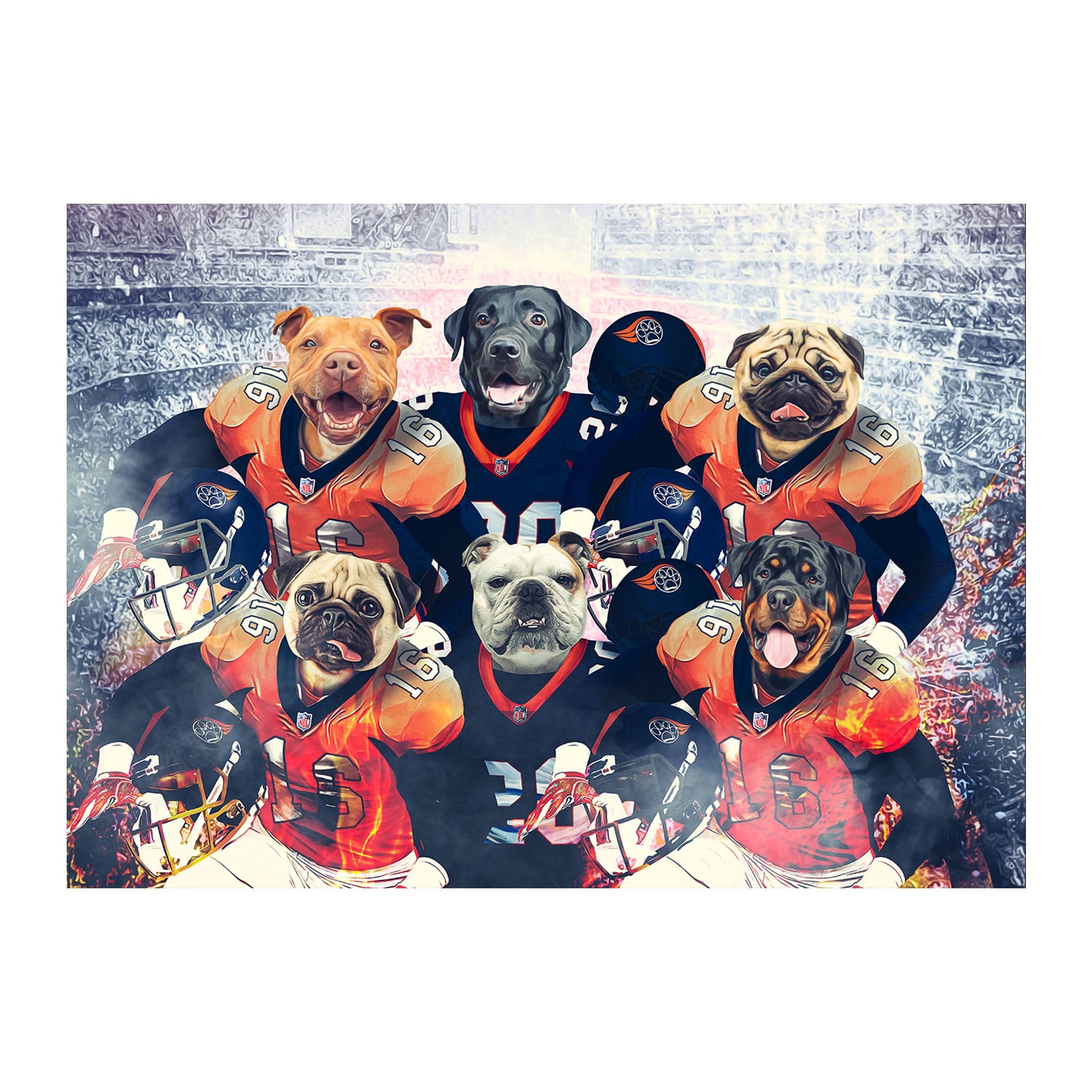 Custom digital portrait of six dogs in Denver Broncos football uniforms.